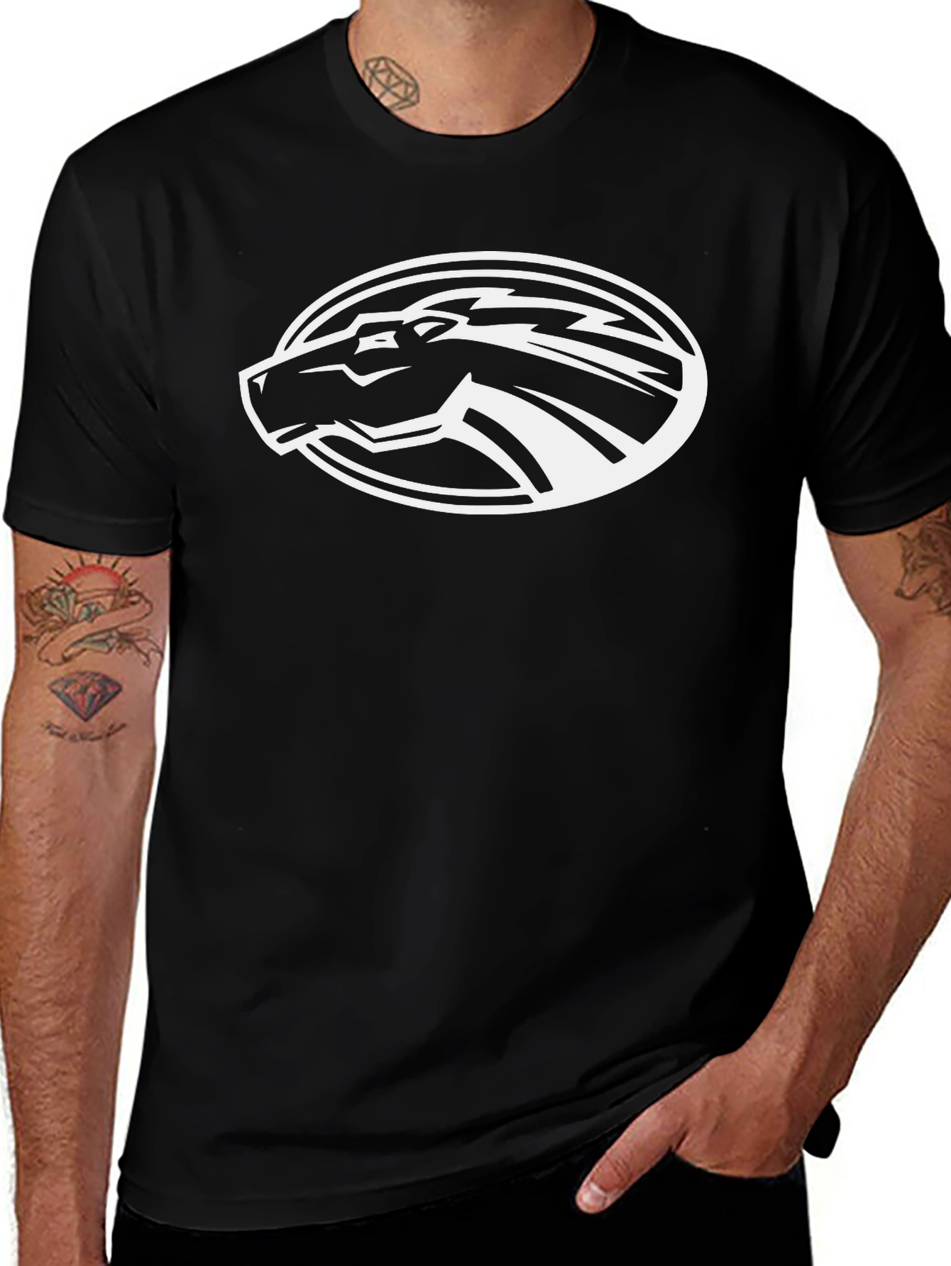 Black T-Shirt with White Horse Oval Design