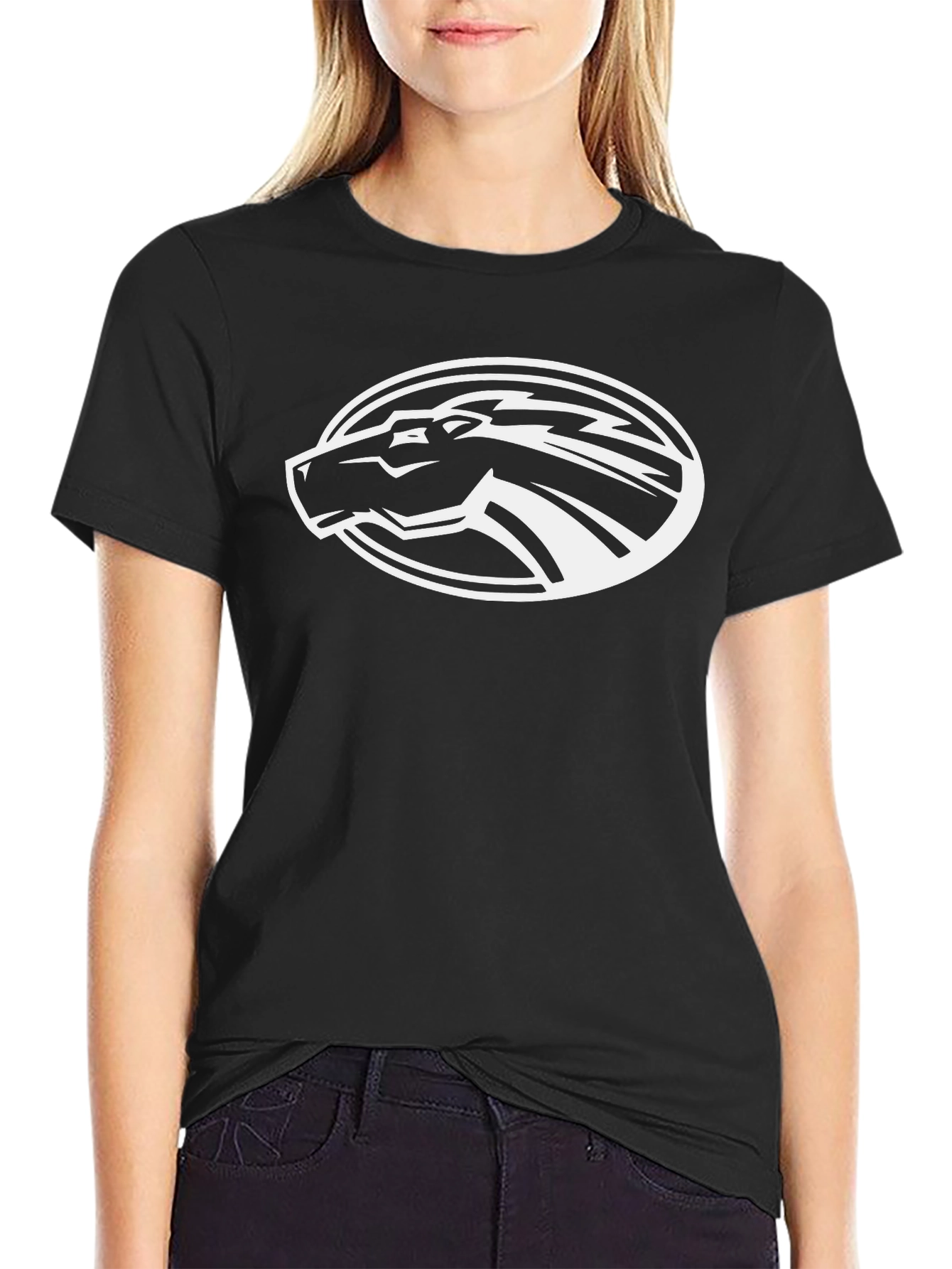 Black T-Shirt with White Horse Oval Design