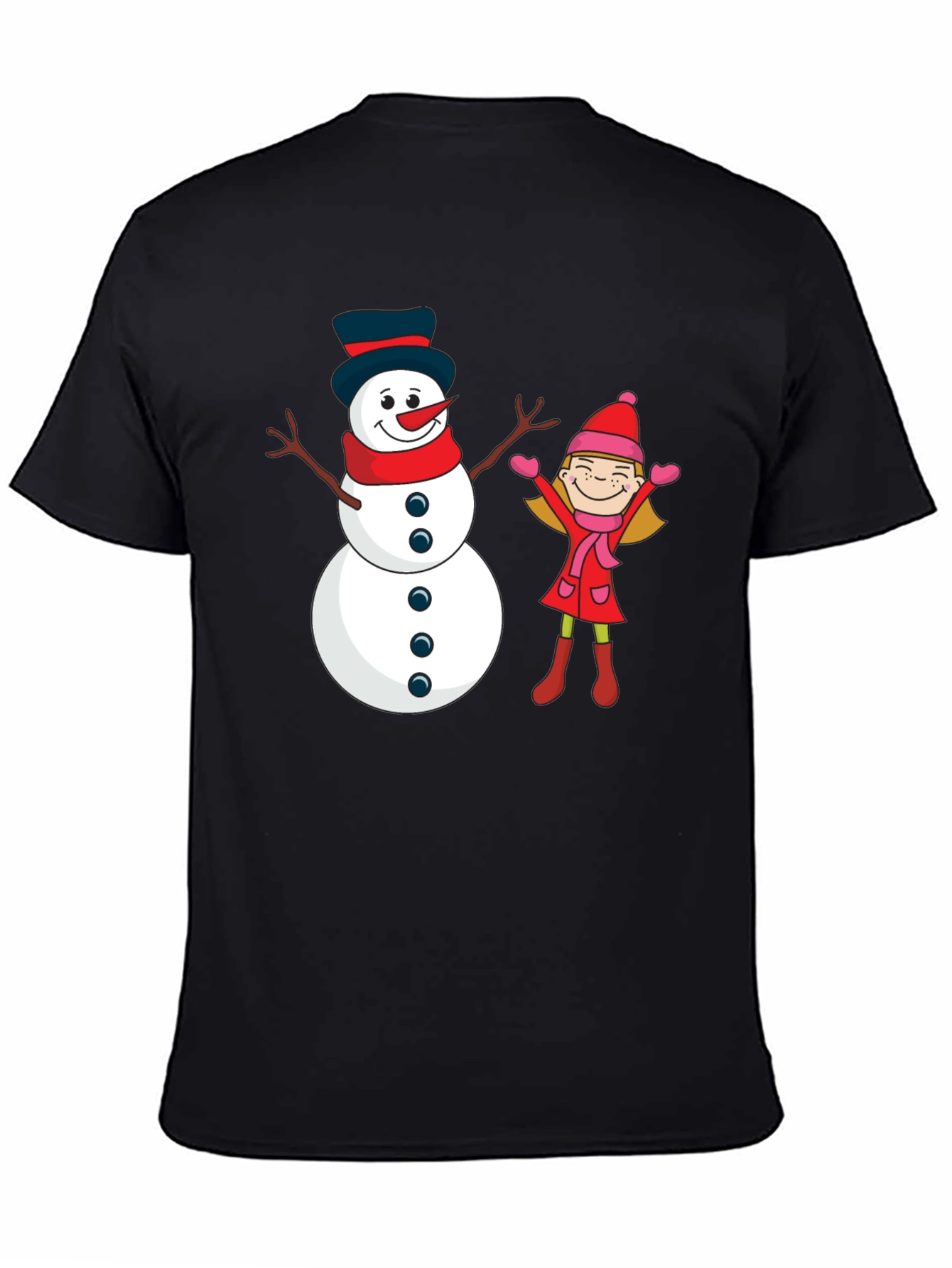 Festive Snowman & Girl Graphic Tee - Black