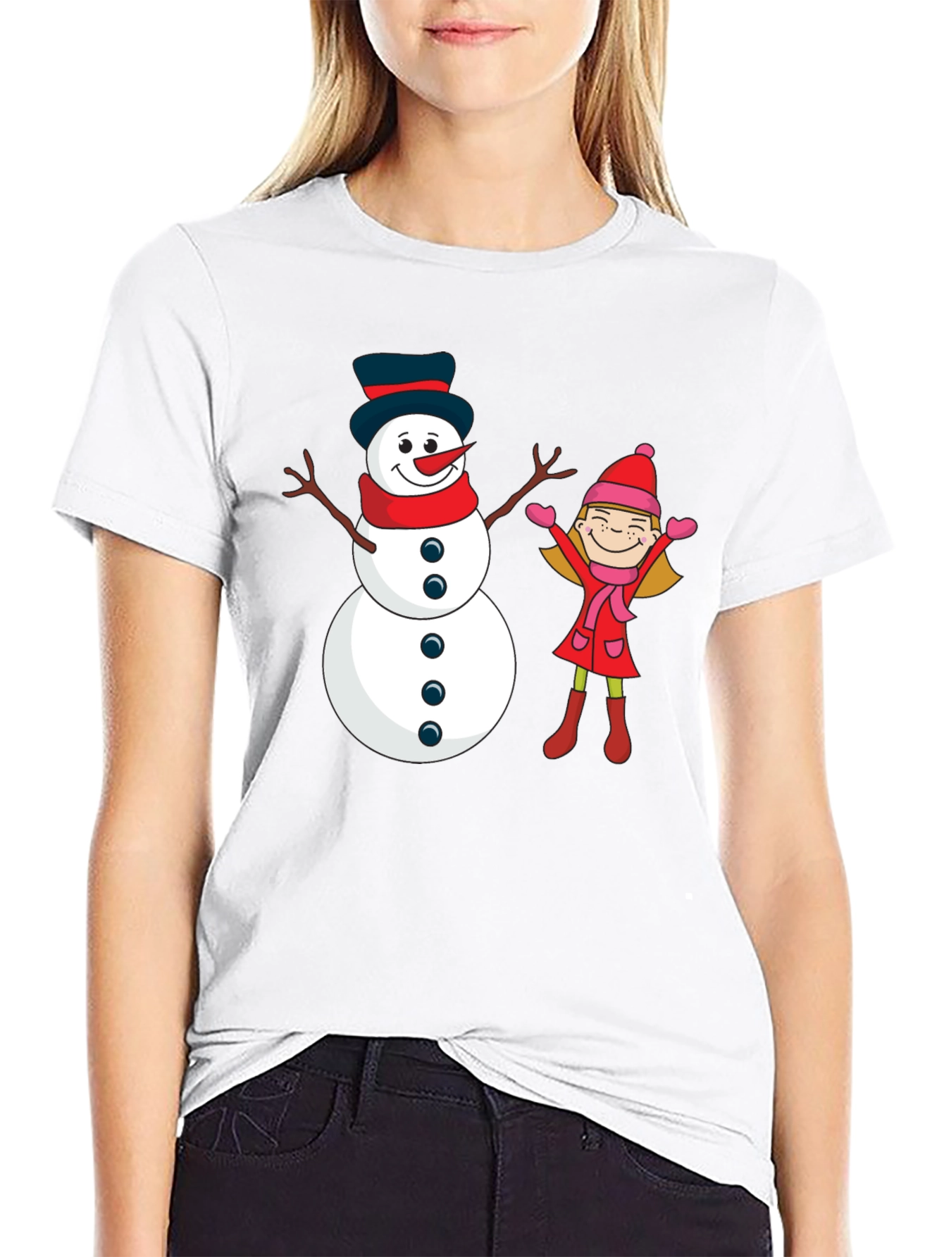 Festive Snowman & Girl Graphic Tee - Black