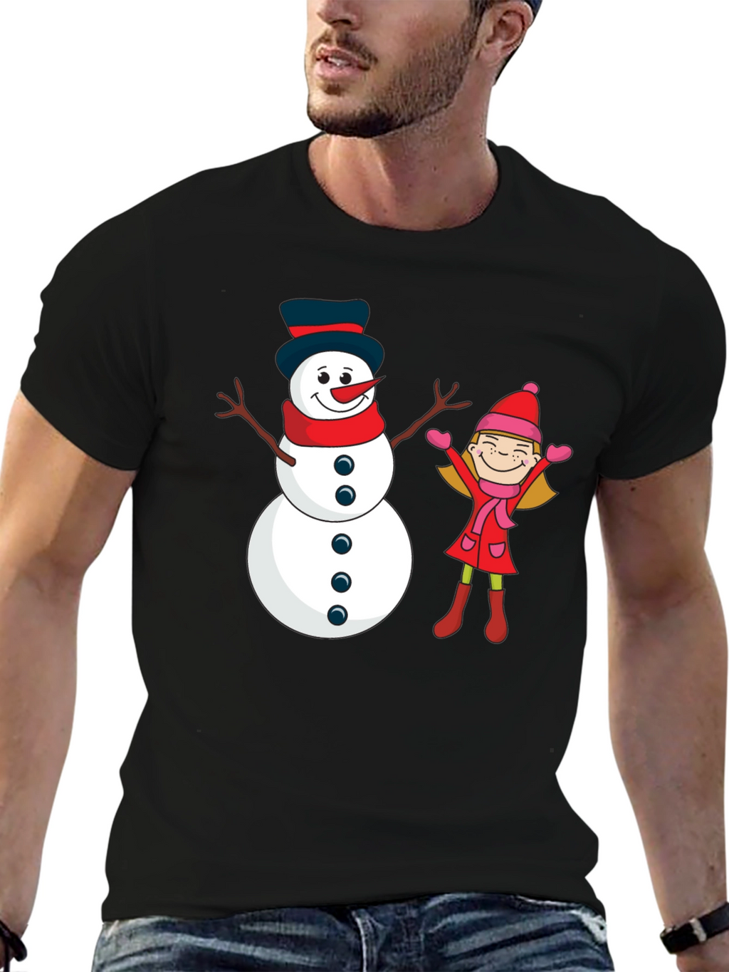 Festive Snowman & Girl Graphic Tee - Black