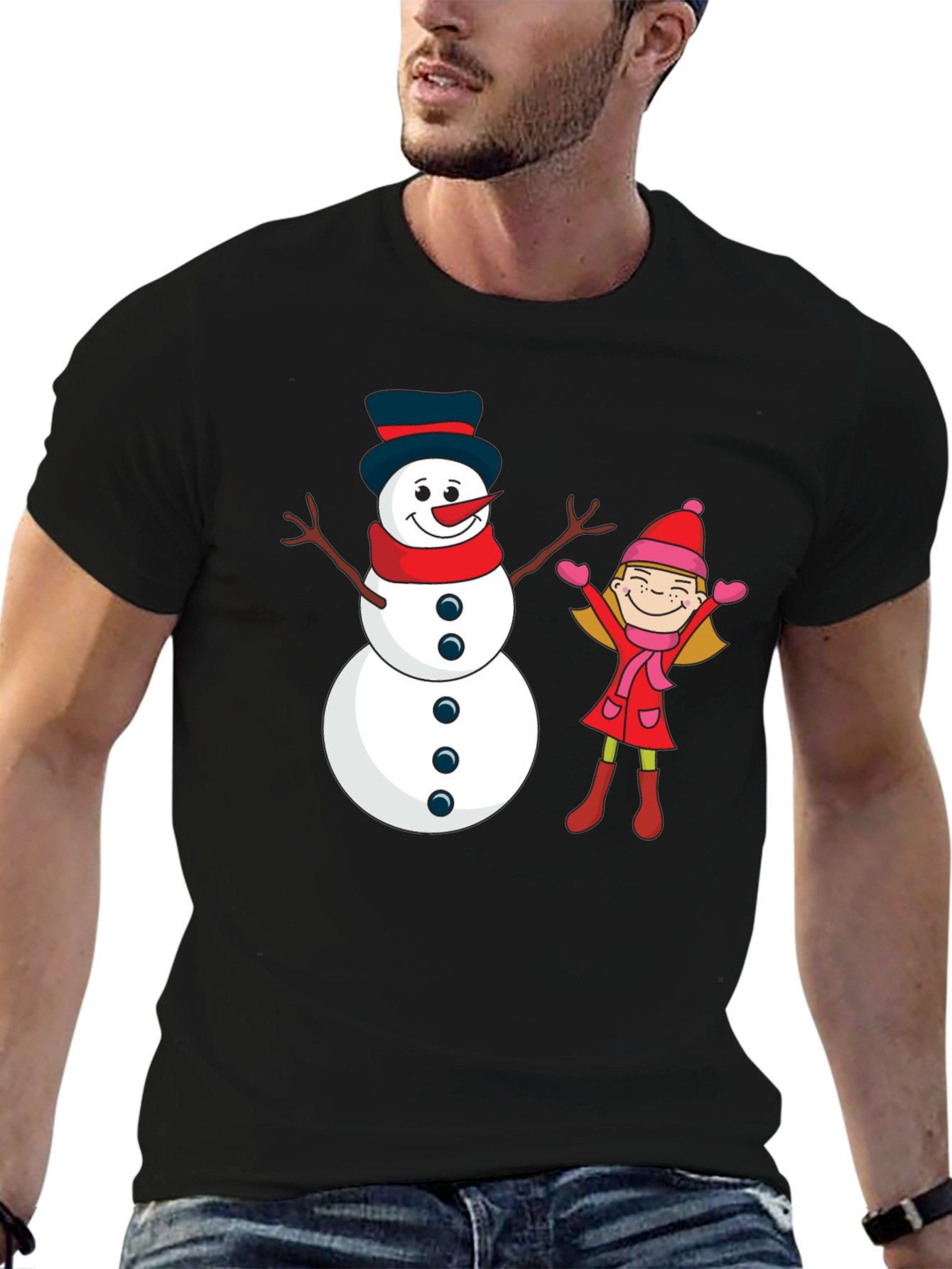 Festive Snowman & Girl Graphic Tee - Black