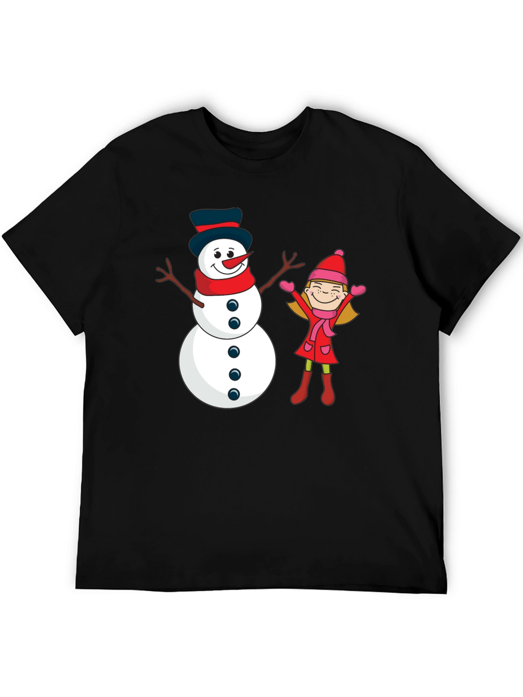 Festive Snowman & Girl Graphic Tee - Black