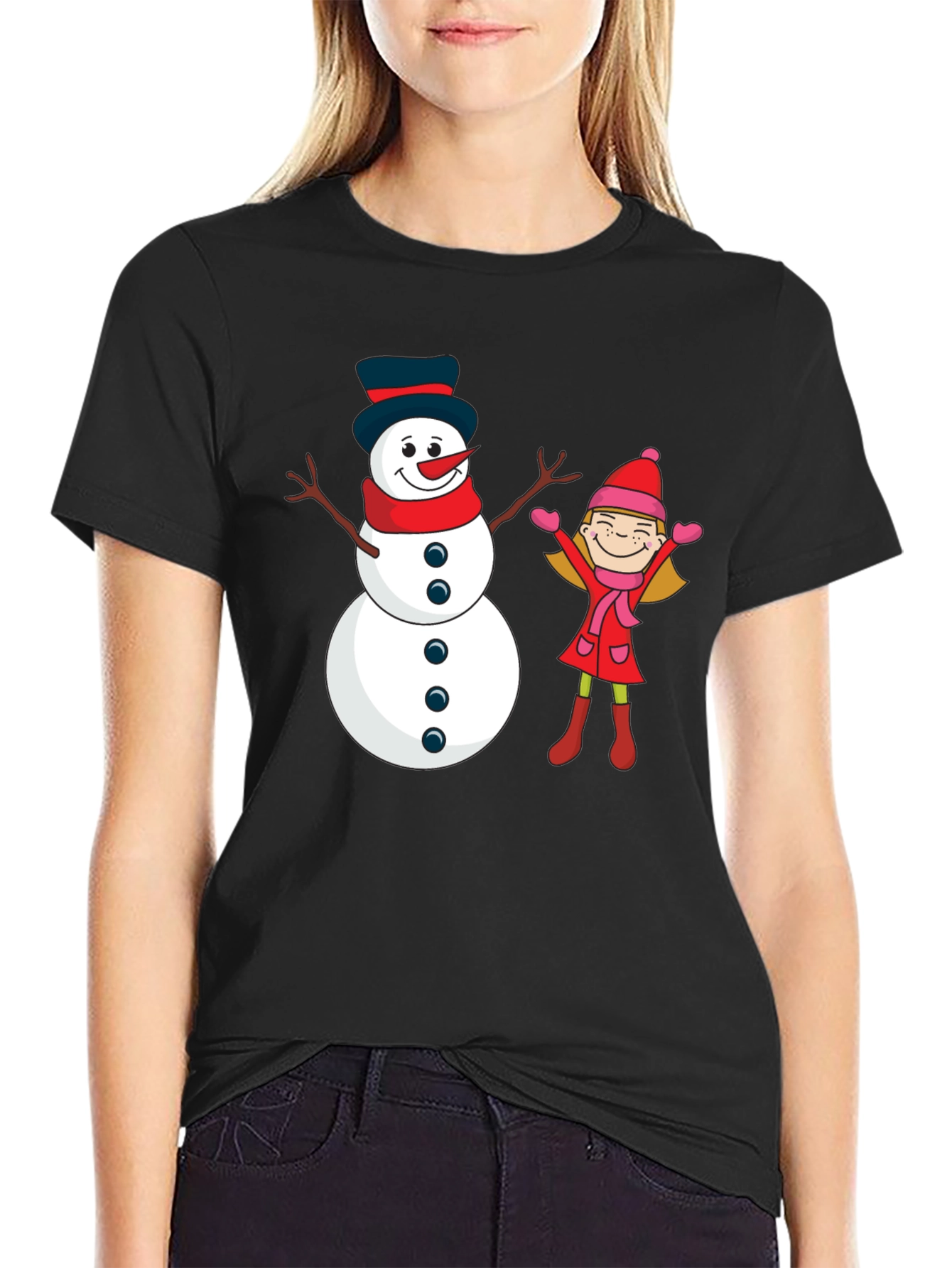 Festive Snowman & Girl Graphic Tee - Black