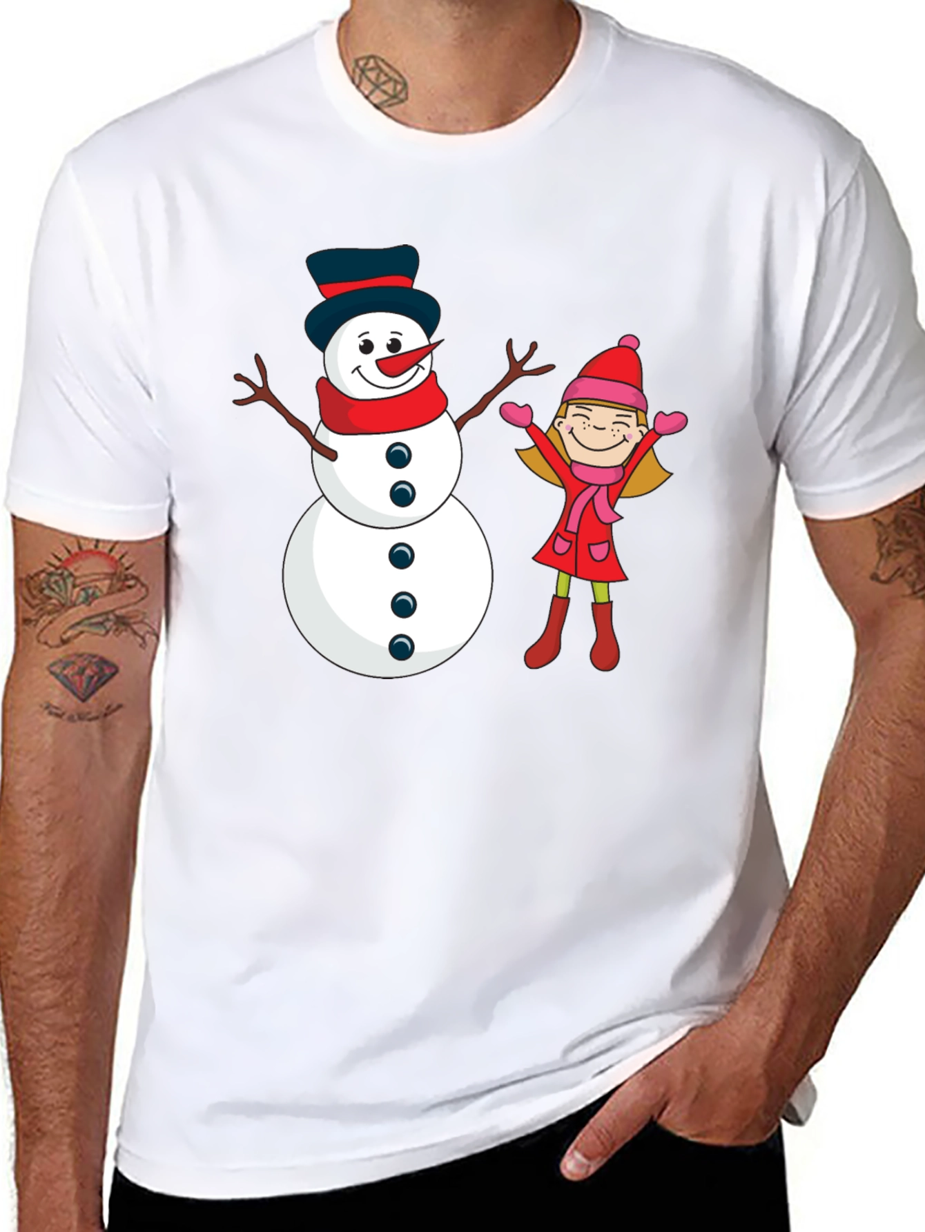 Festive Snowman & Girl Graphic Tee - Black