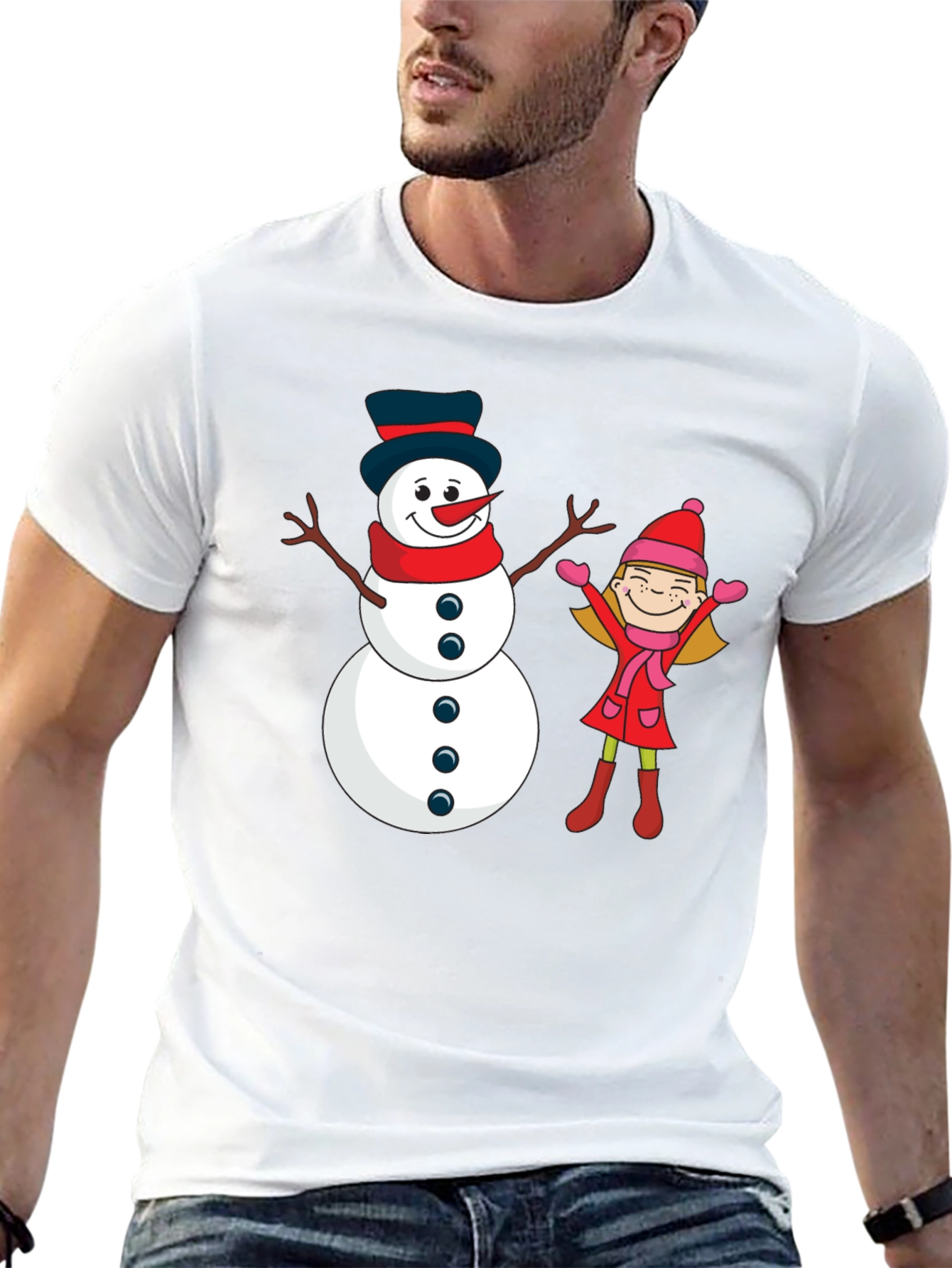 Festive Snowman & Girl Graphic Tee - Black