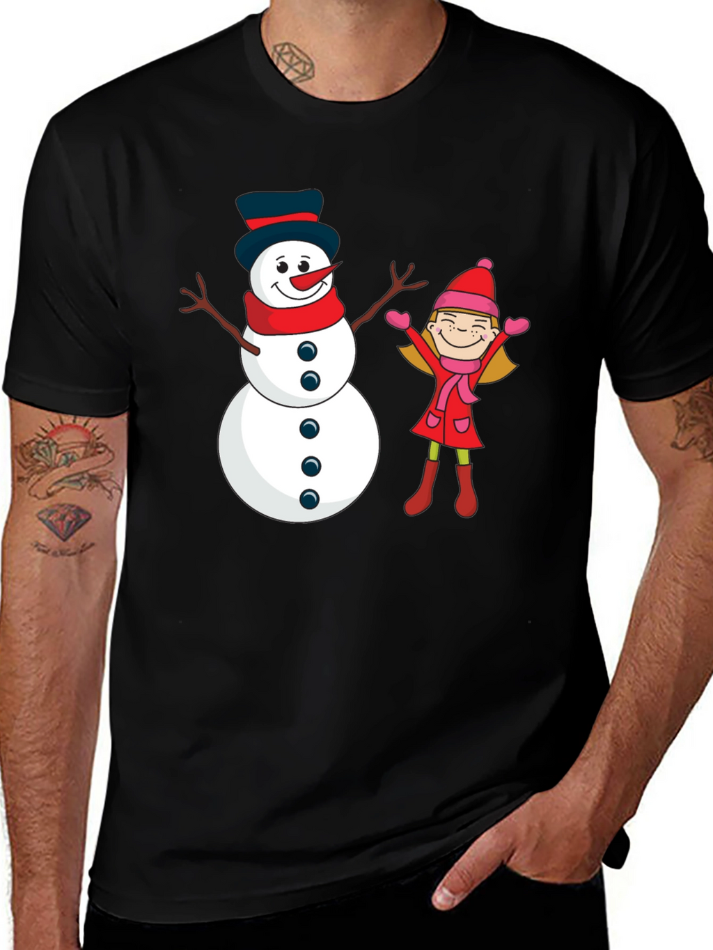 Festive Snowman & Girl Graphic Tee - Black
