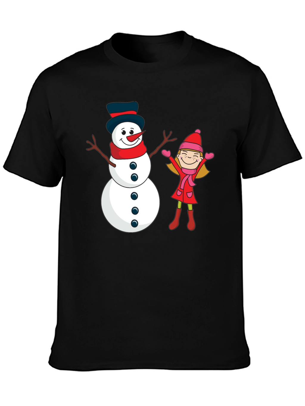 Festive Snowman & Girl Graphic Tee - Black