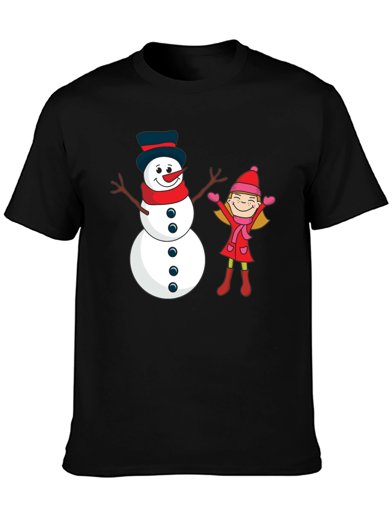 Festive Snowman & Girl Graphic Tee - Black