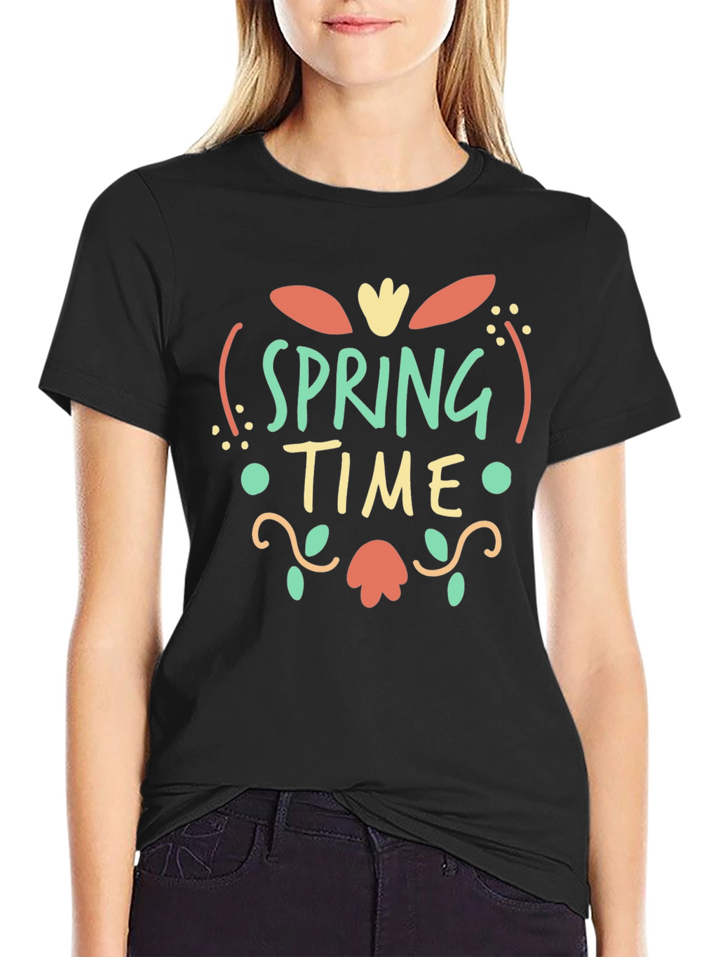 Spring Time Graphic Print Black T-Shirt