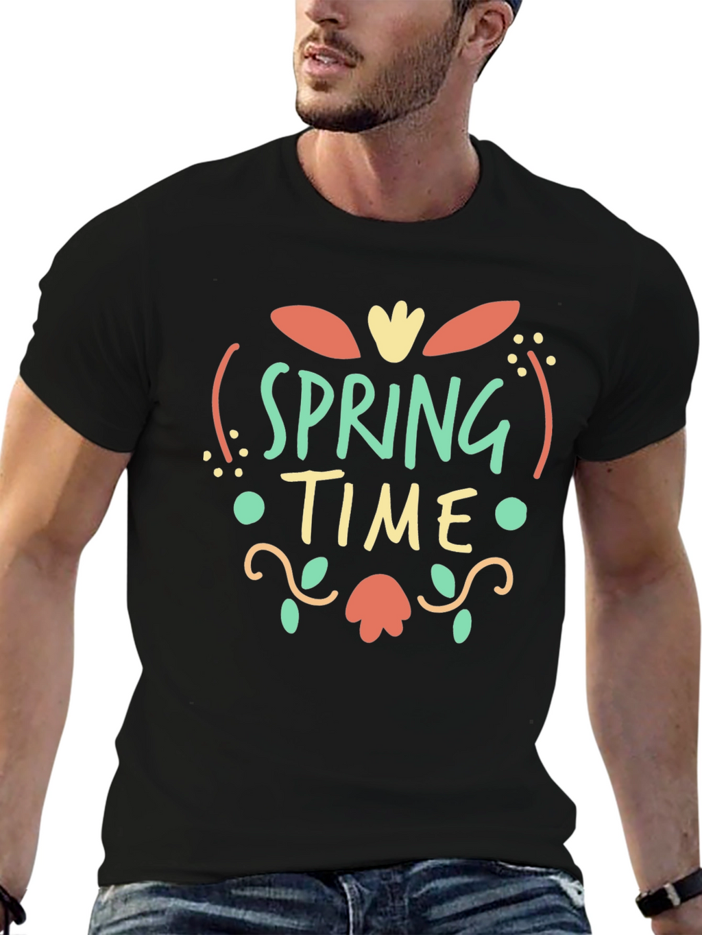 Spring Time Graphic Print Black T-Shirt