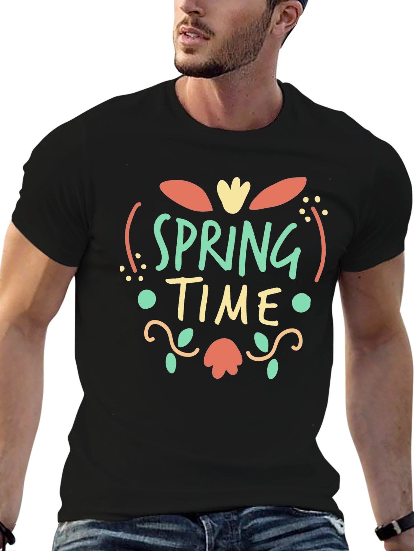 Spring Time Graphic Print Black T-Shirt