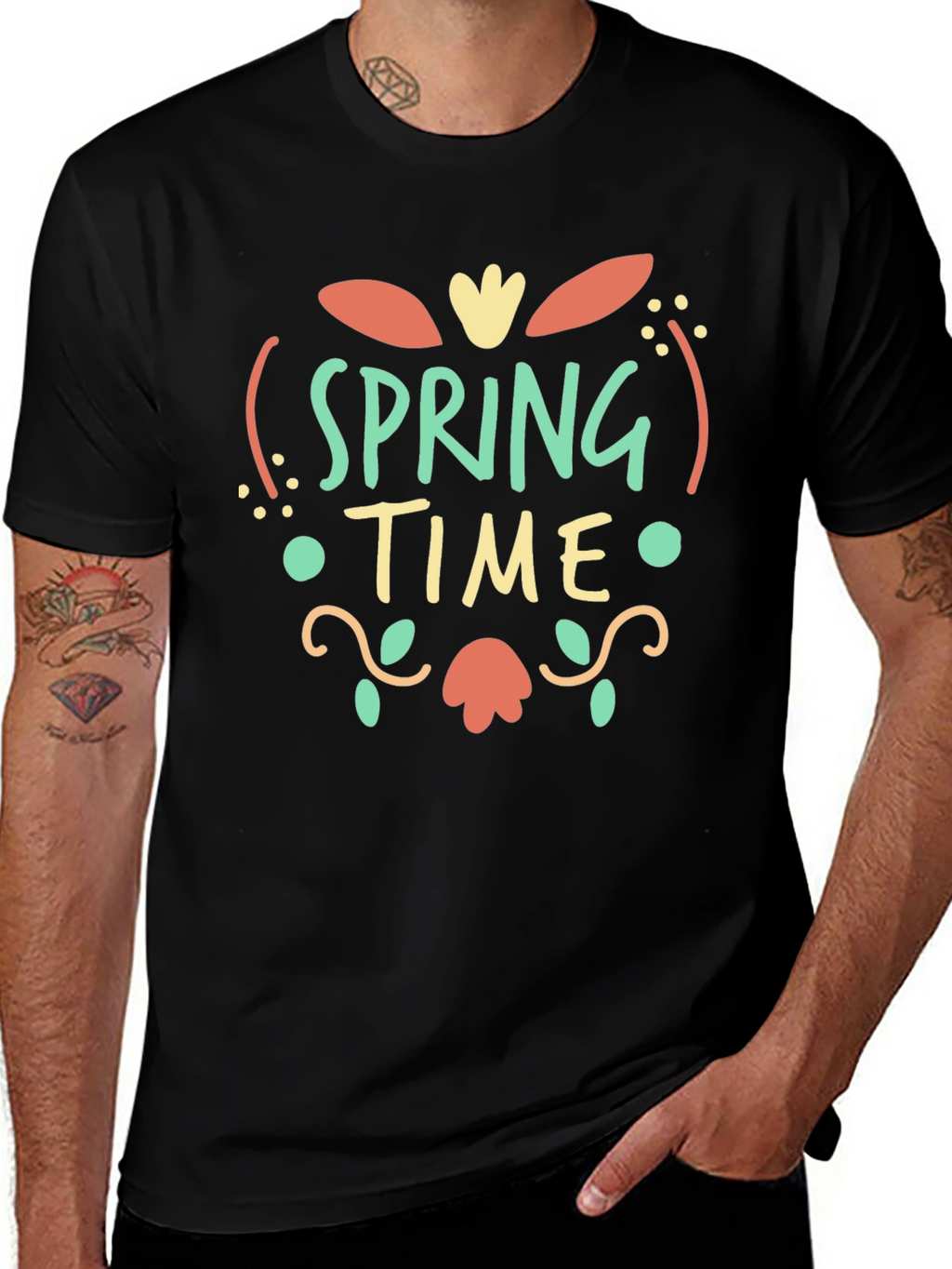 Spring Time Graphic Print Black T-Shirt