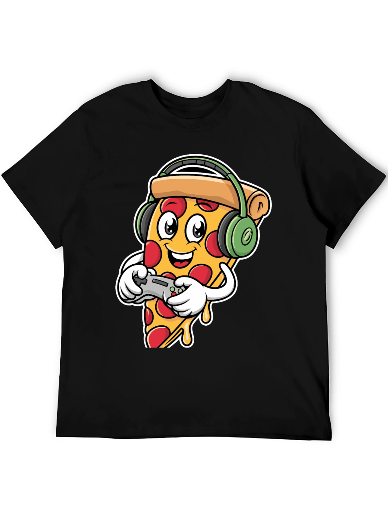 Pizza Gamer Black T-Shirt - Cartoon Food Gaming Tee