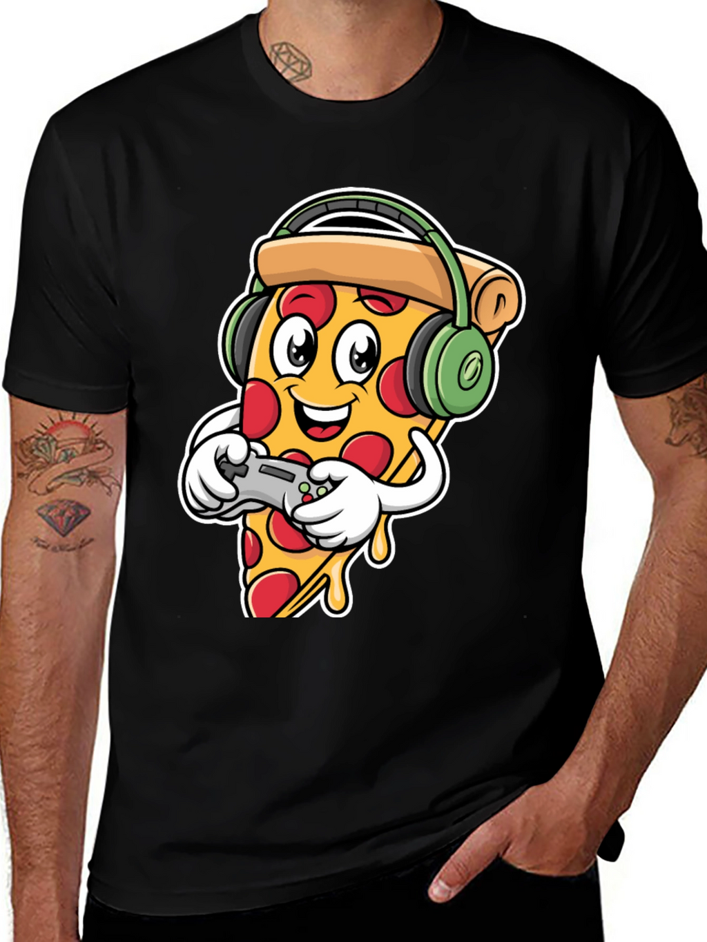 Pizza Gamer Black T-Shirt - Cartoon Food Gaming Tee
