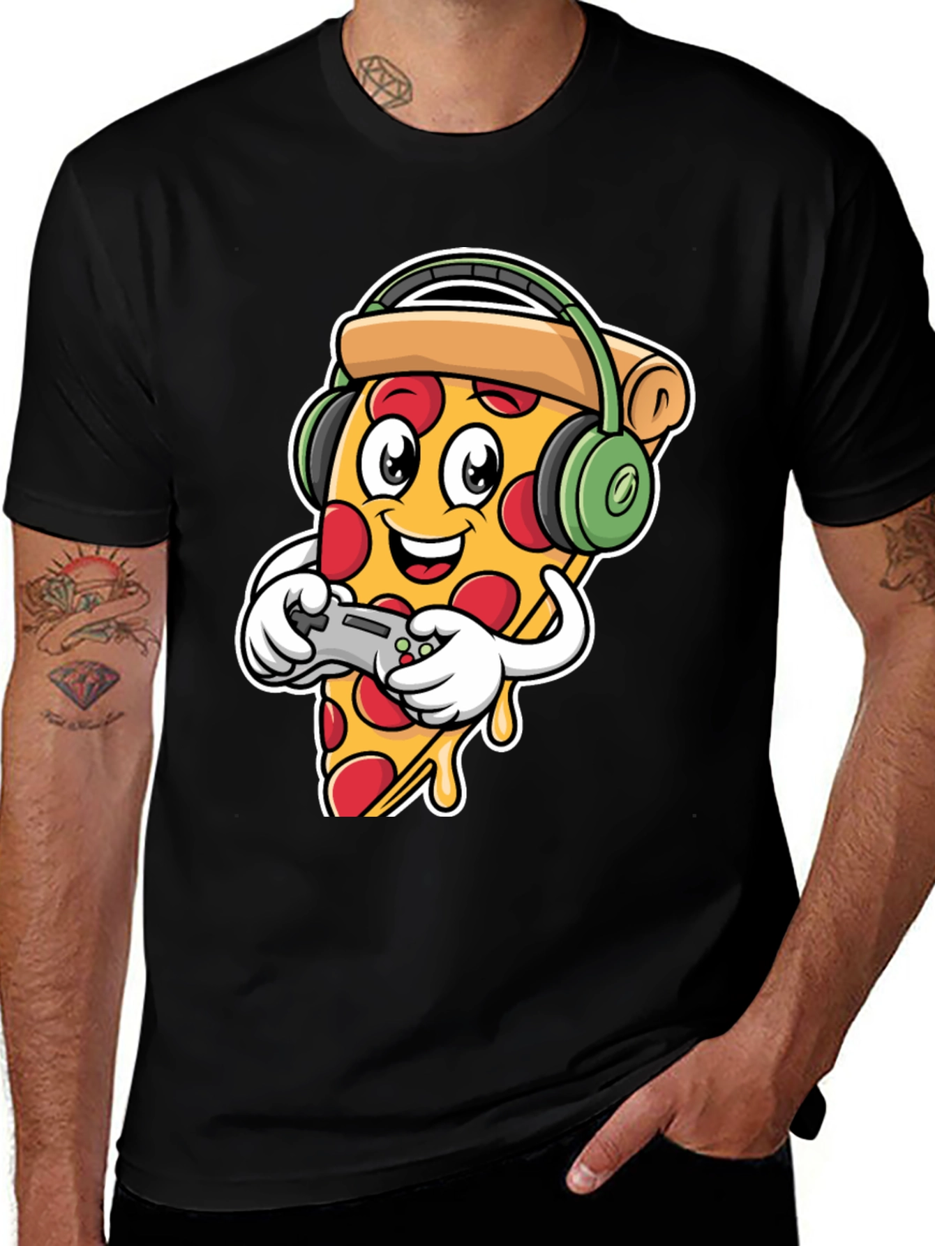 Pizza Gamer Black T-Shirt - Cartoon Food Gaming Tee