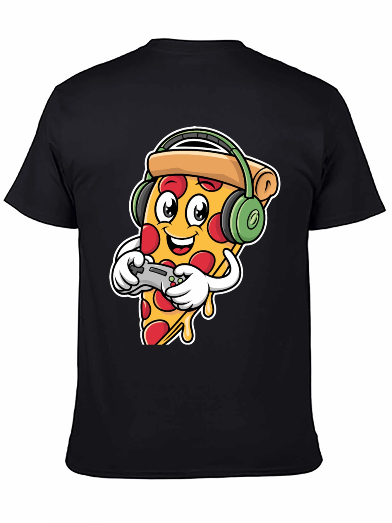 Pizza Gamer Black T-Shirt - Cartoon Food Gaming Tee
