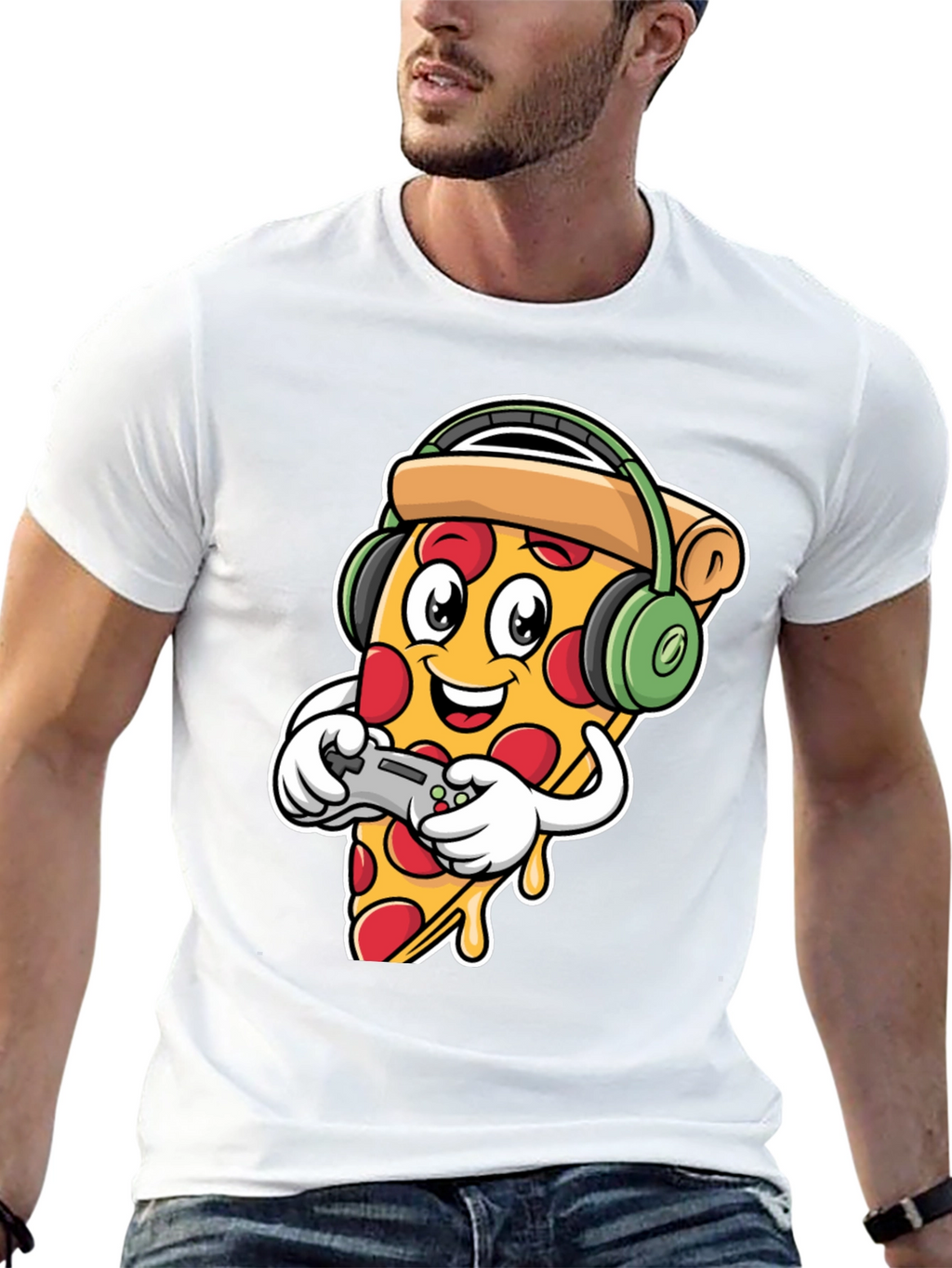 Pizza Gamer Black T-Shirt - Cartoon Food Gaming Tee