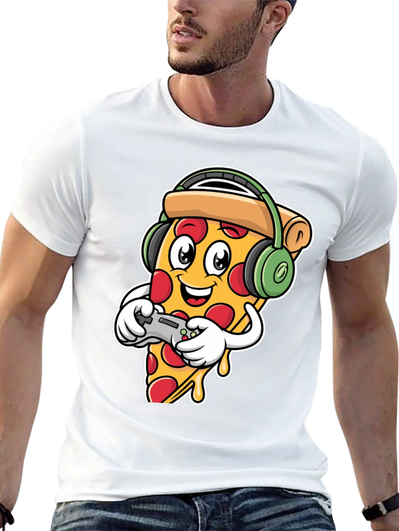 Pizza Gamer Black T-Shirt - Cartoon Food Gaming Tee