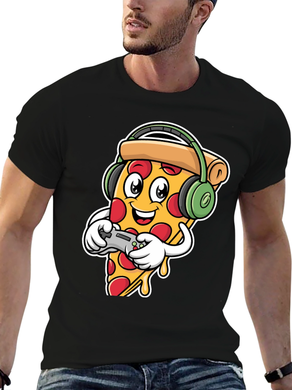 Pizza Gamer Black T-Shirt - Cartoon Food Gaming Tee