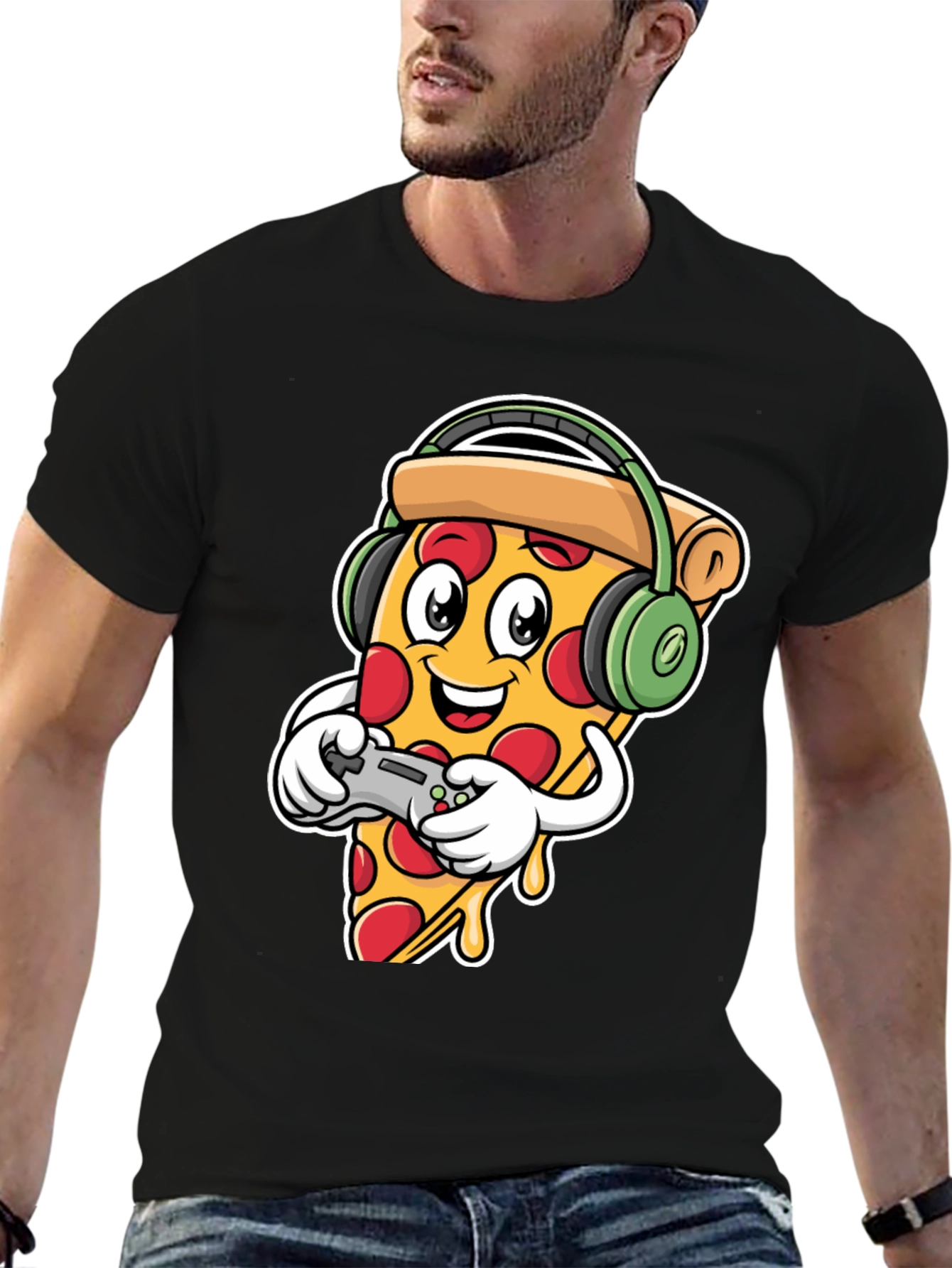 Pizza Gamer Black T-Shirt - Cartoon Food Gaming Tee