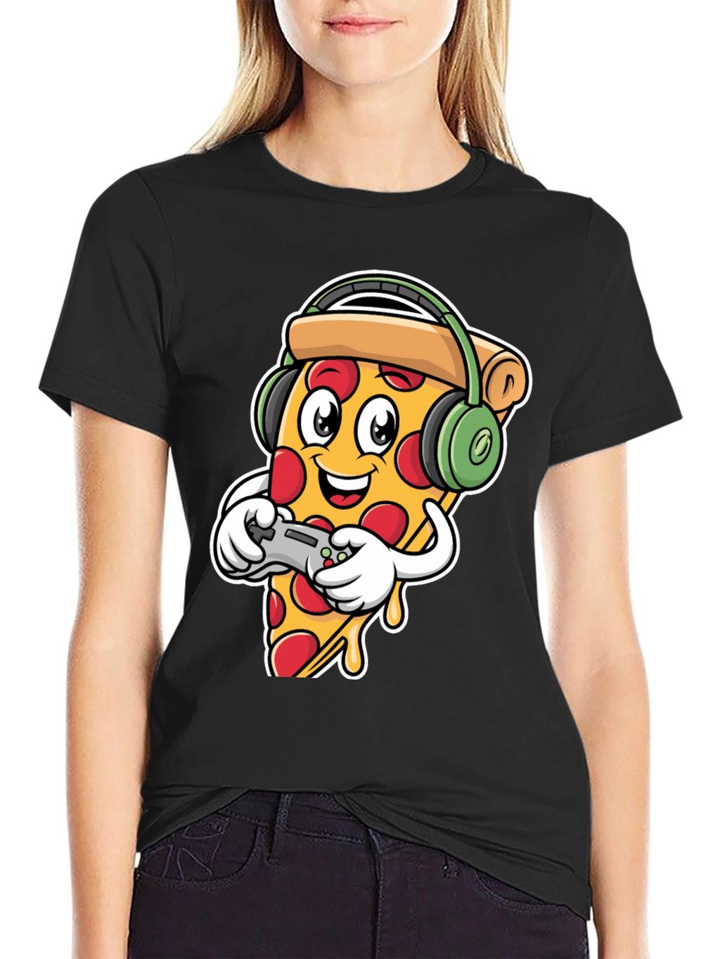 Pizza Gamer Black T-Shirt - Cartoon Food Gaming Tee