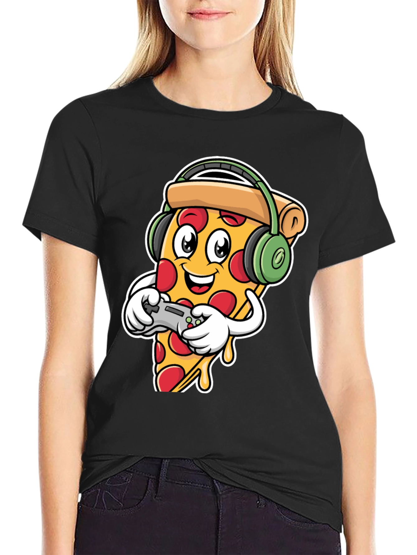 Pizza Gamer Black T-Shirt - Cartoon Food Gaming Tee