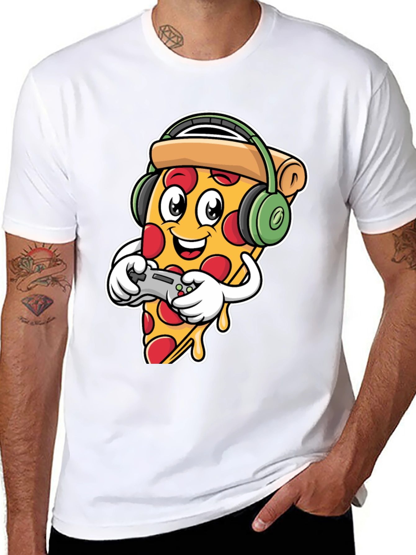 Pizza Gamer Black T-Shirt - Cartoon Food Gaming Tee