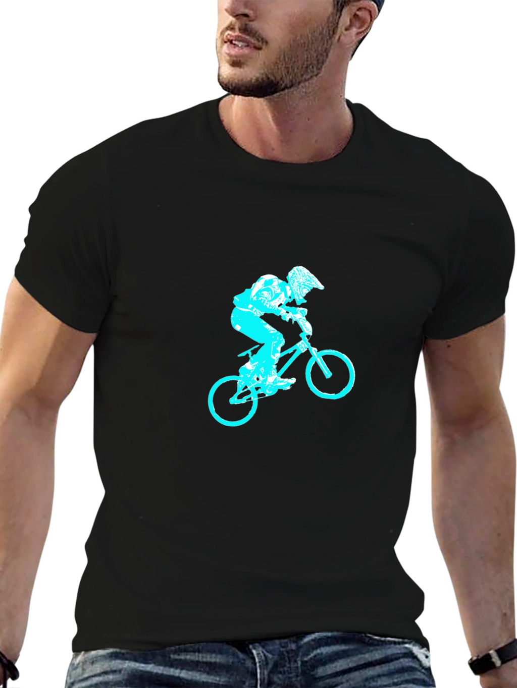 Black T-Shirt with Blue Biker Design