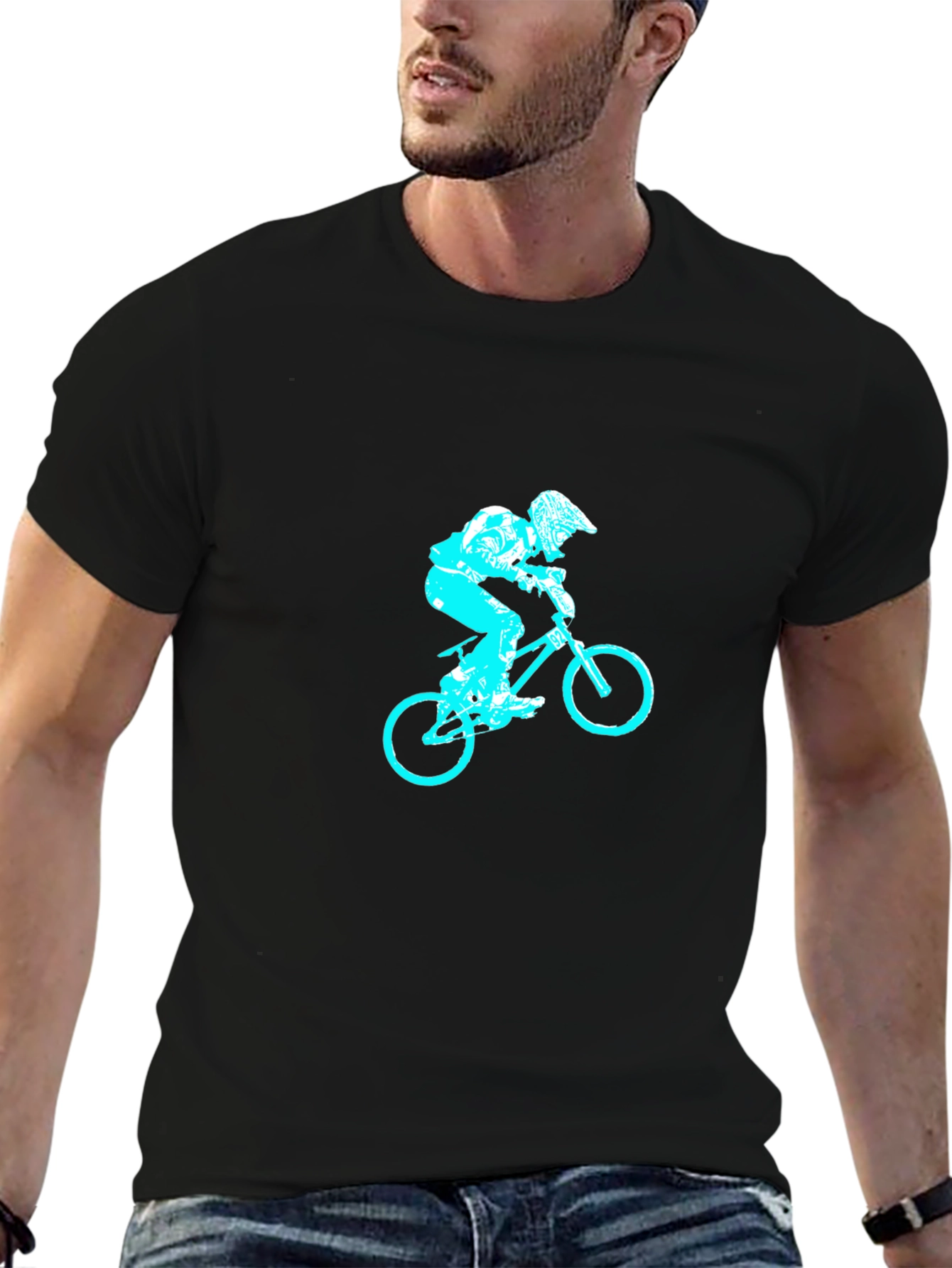Black T-Shirt with Blue Biker Design