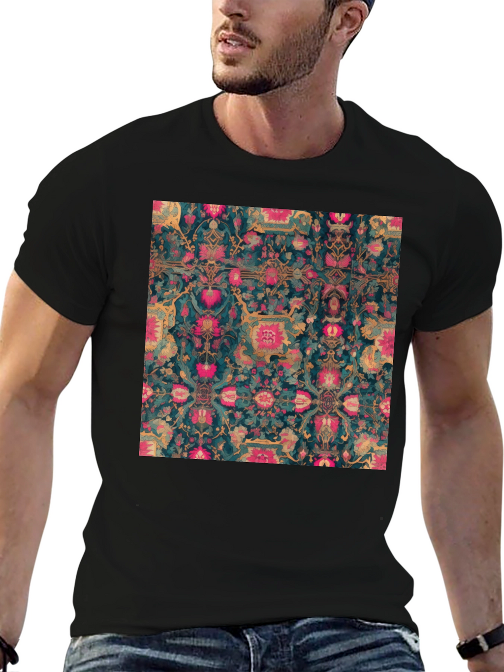 Floral Persian Rug Print Black T-Shirt