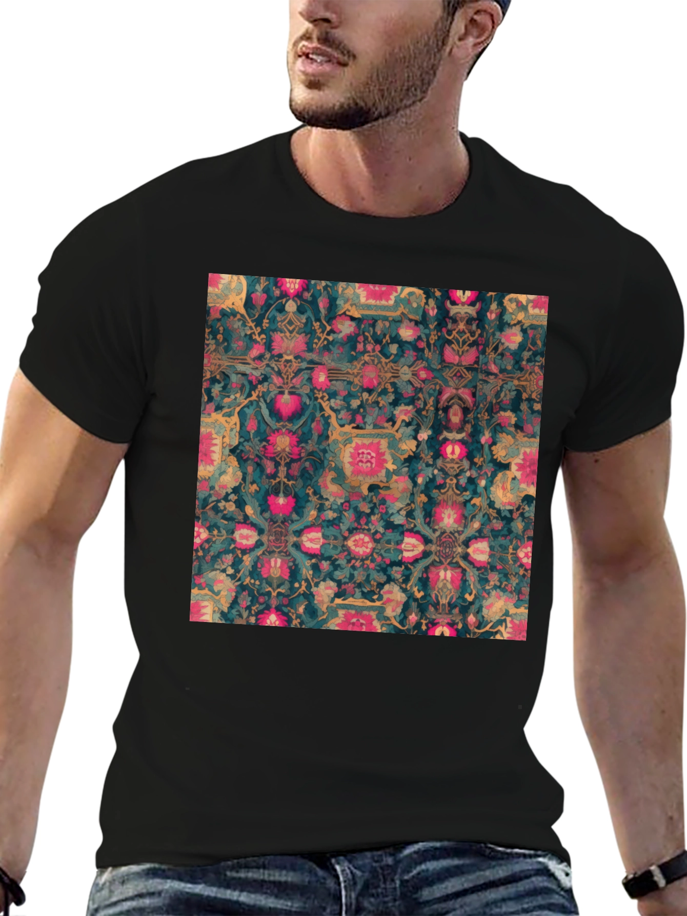 Floral Persian Rug Print Black T-Shirt