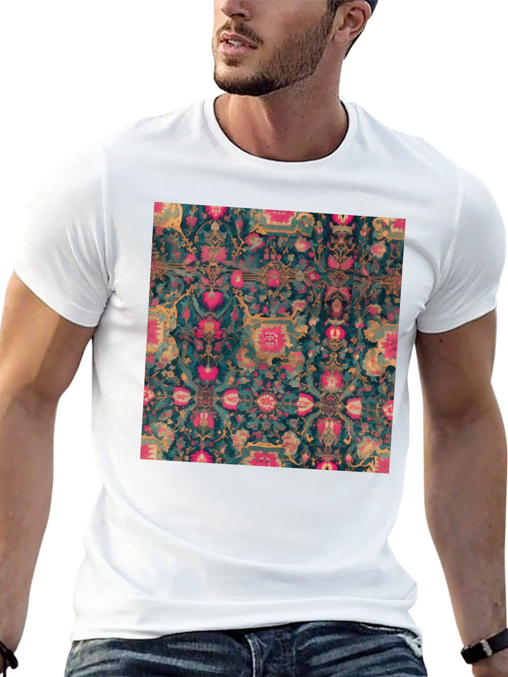 Floral Persian Rug Print Black T-Shirt