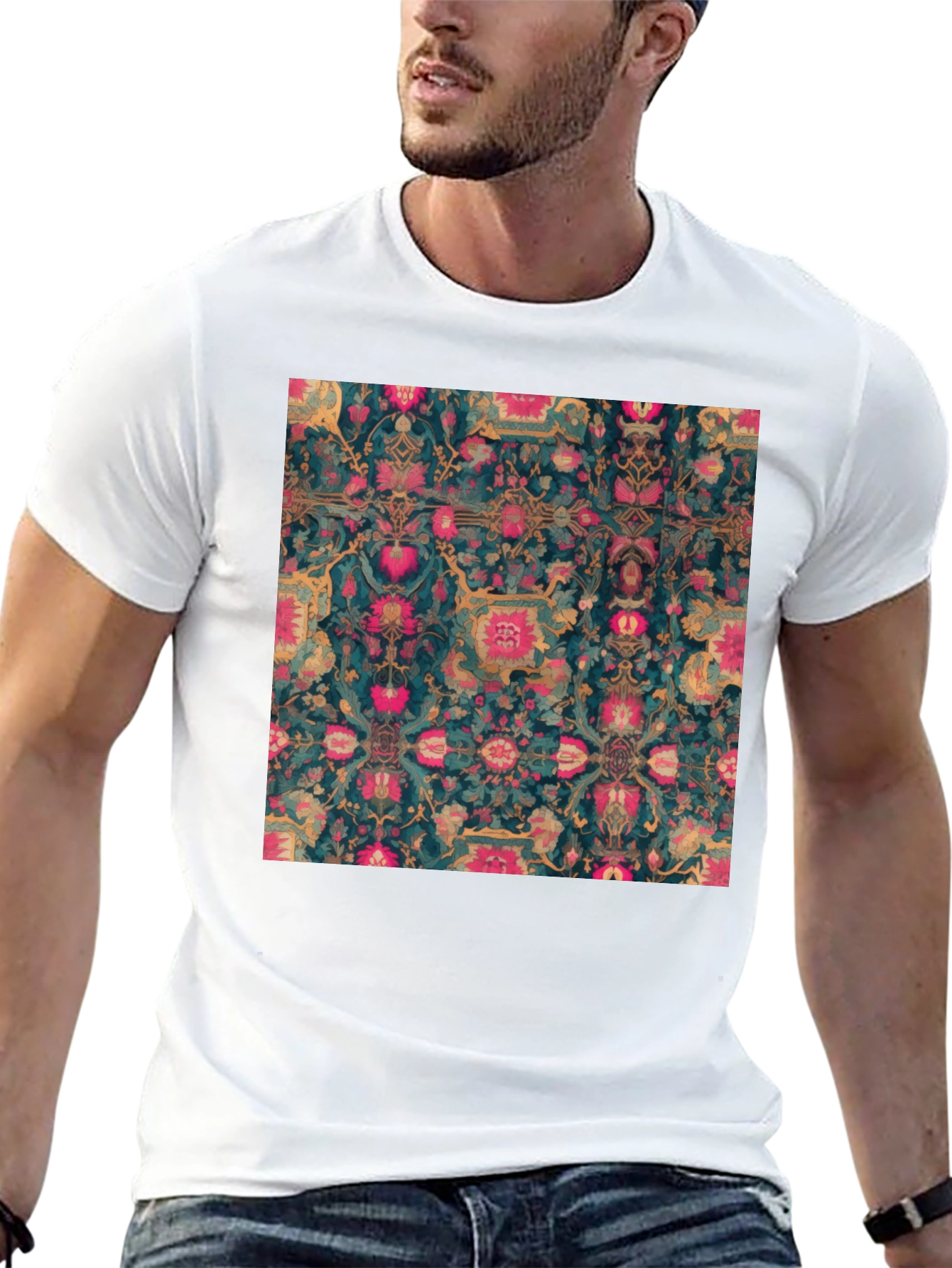 Floral Persian Rug Print Black T-Shirt