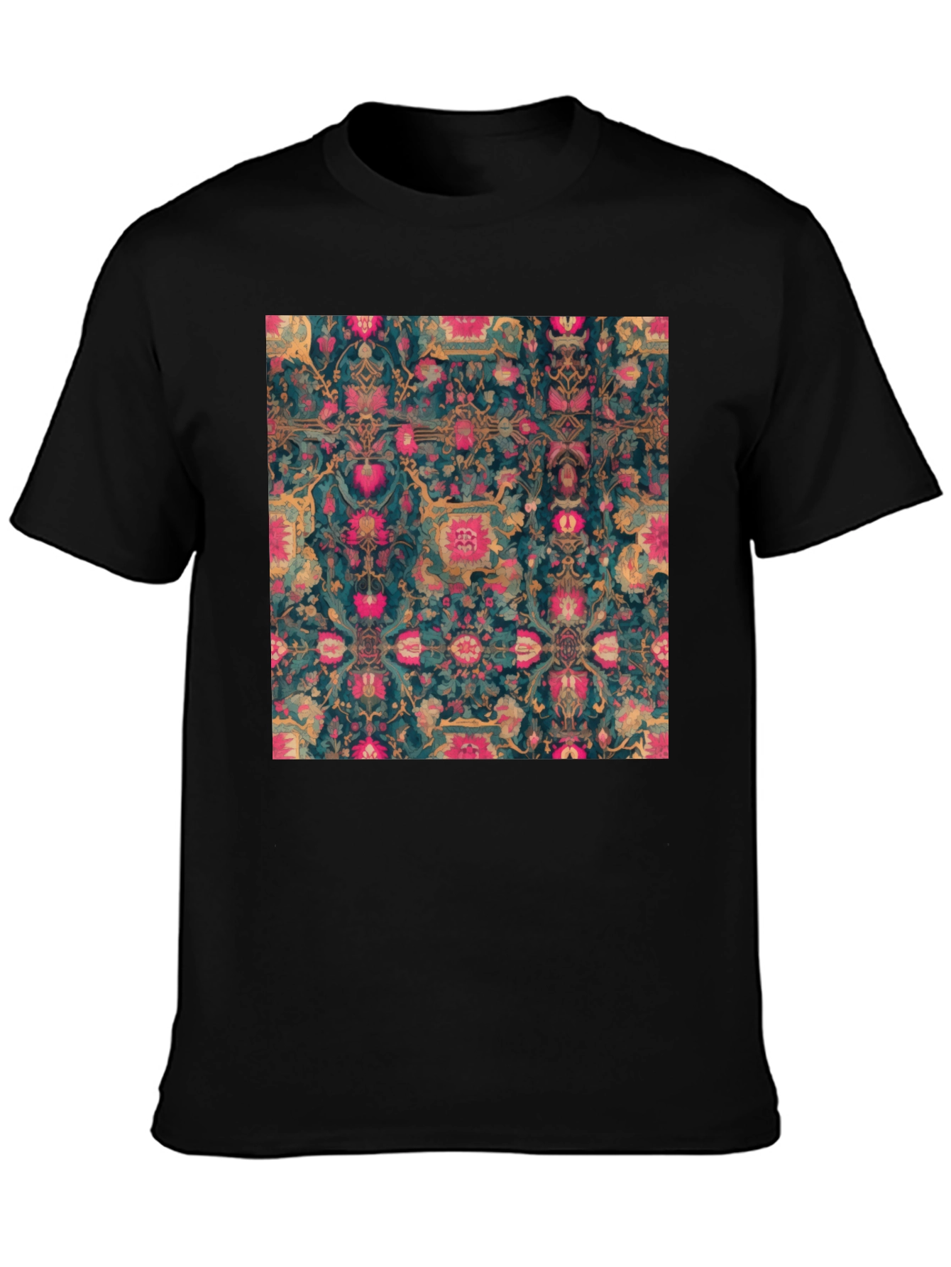 Floral Persian Rug Print Black T-Shirt