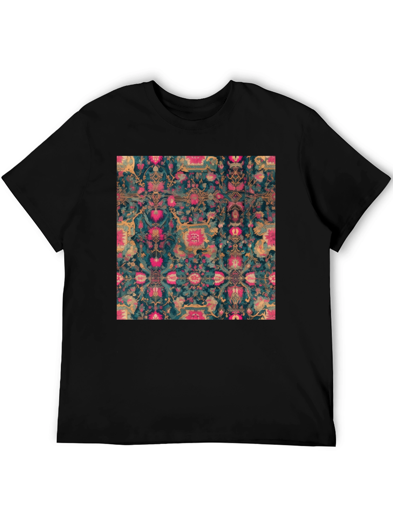 Floral Persian Rug Print Black T-Shirt