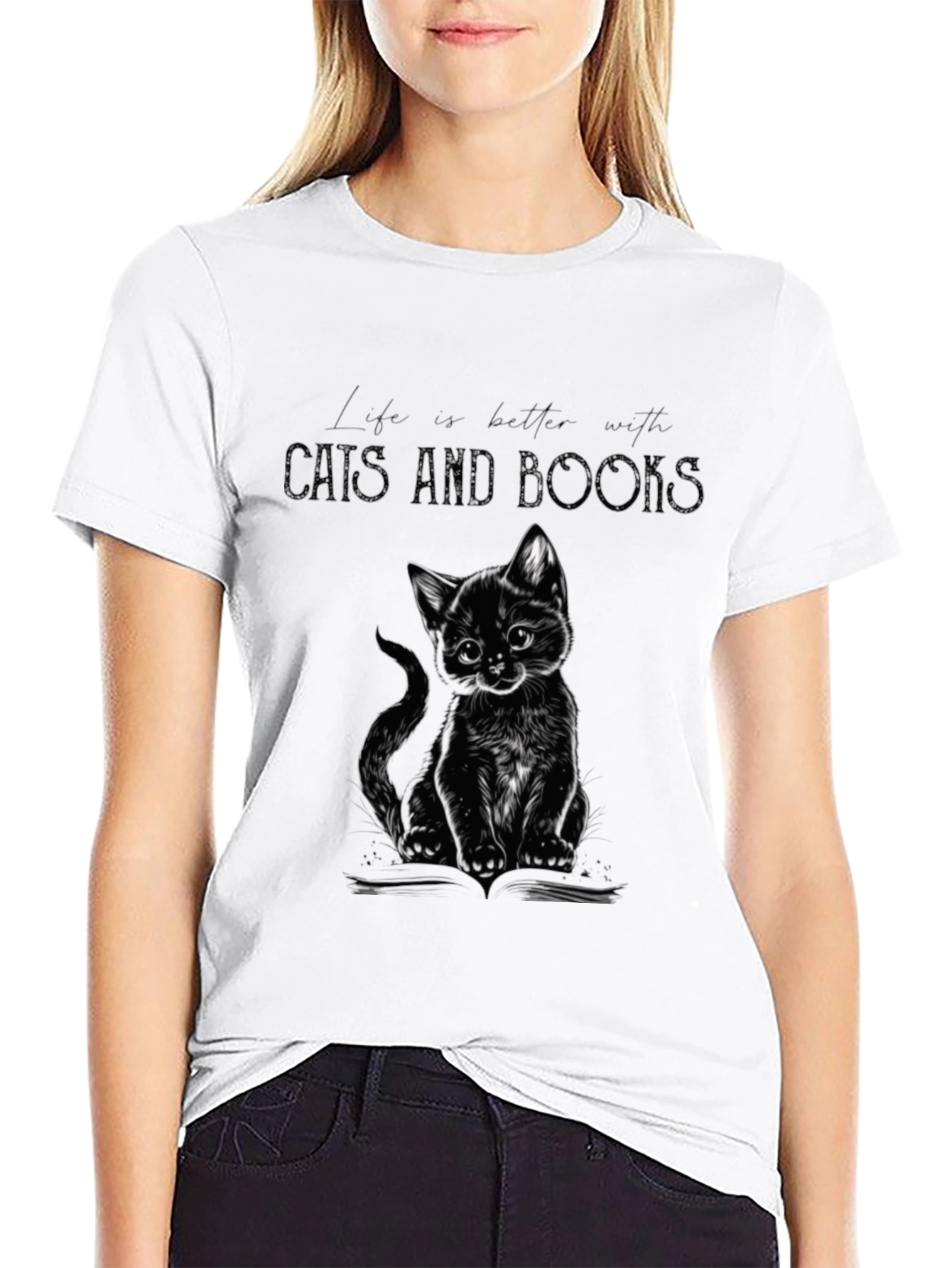 Cat and Books Graphic Tee