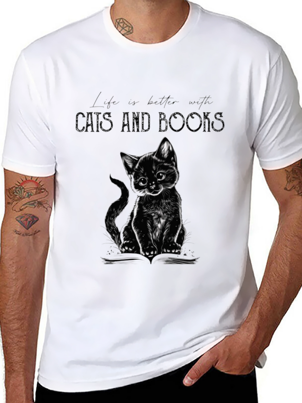 Cat and Books Graphic Tee