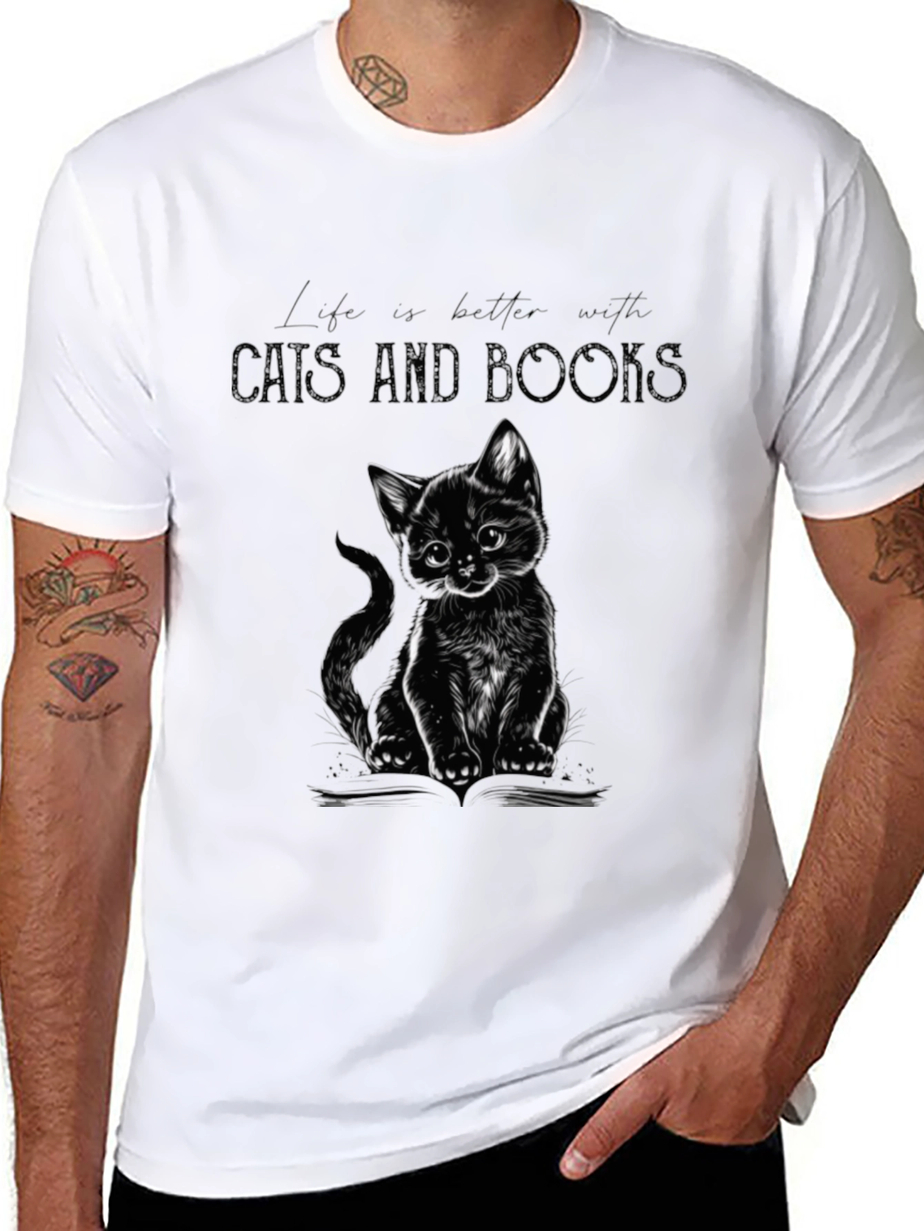 Cat and Books Graphic Tee