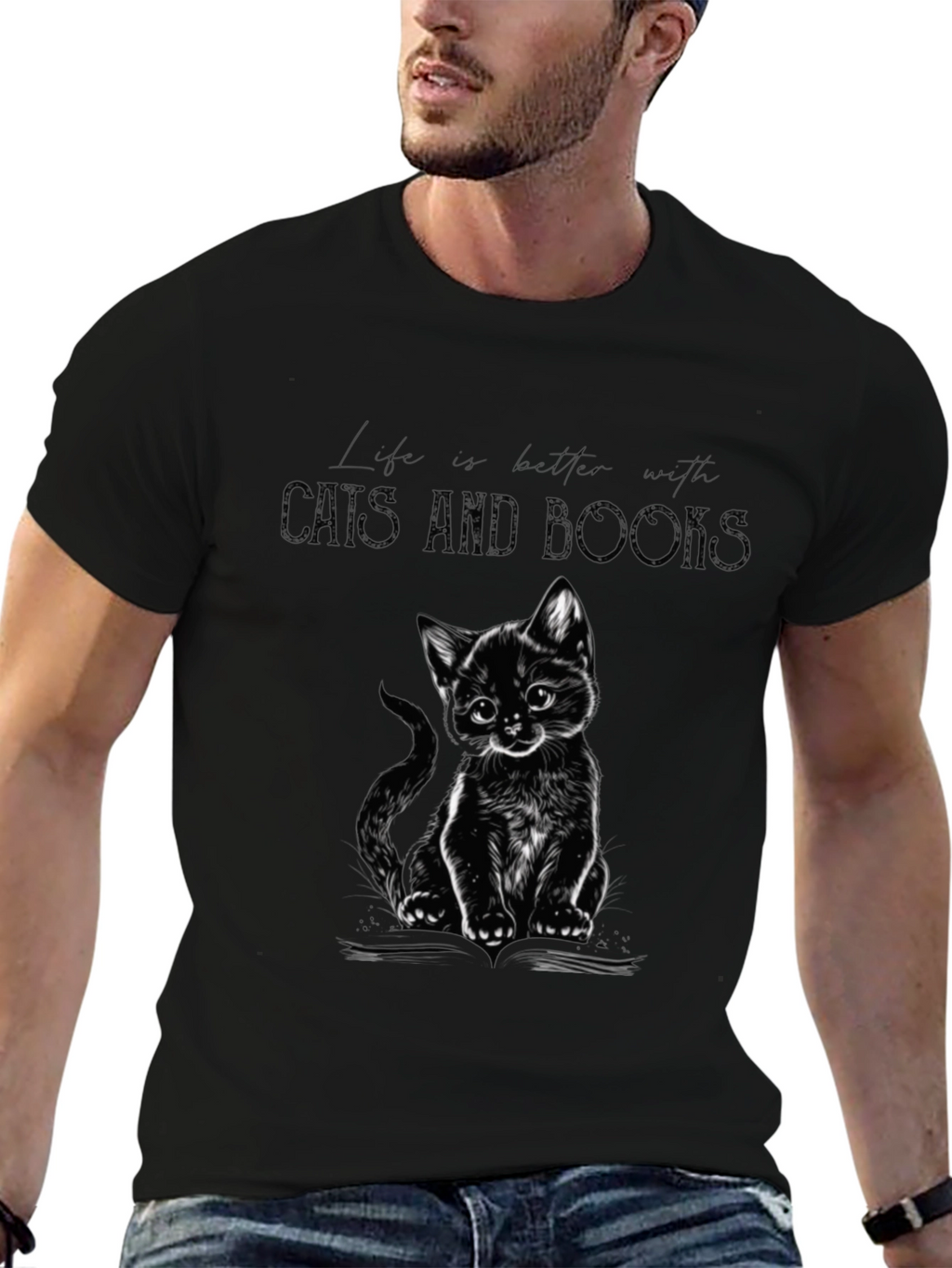 Cat and Books Graphic Tee