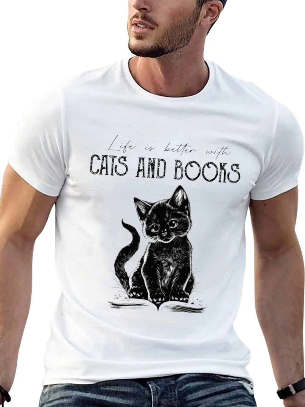 Cat and Books Graphic Tee