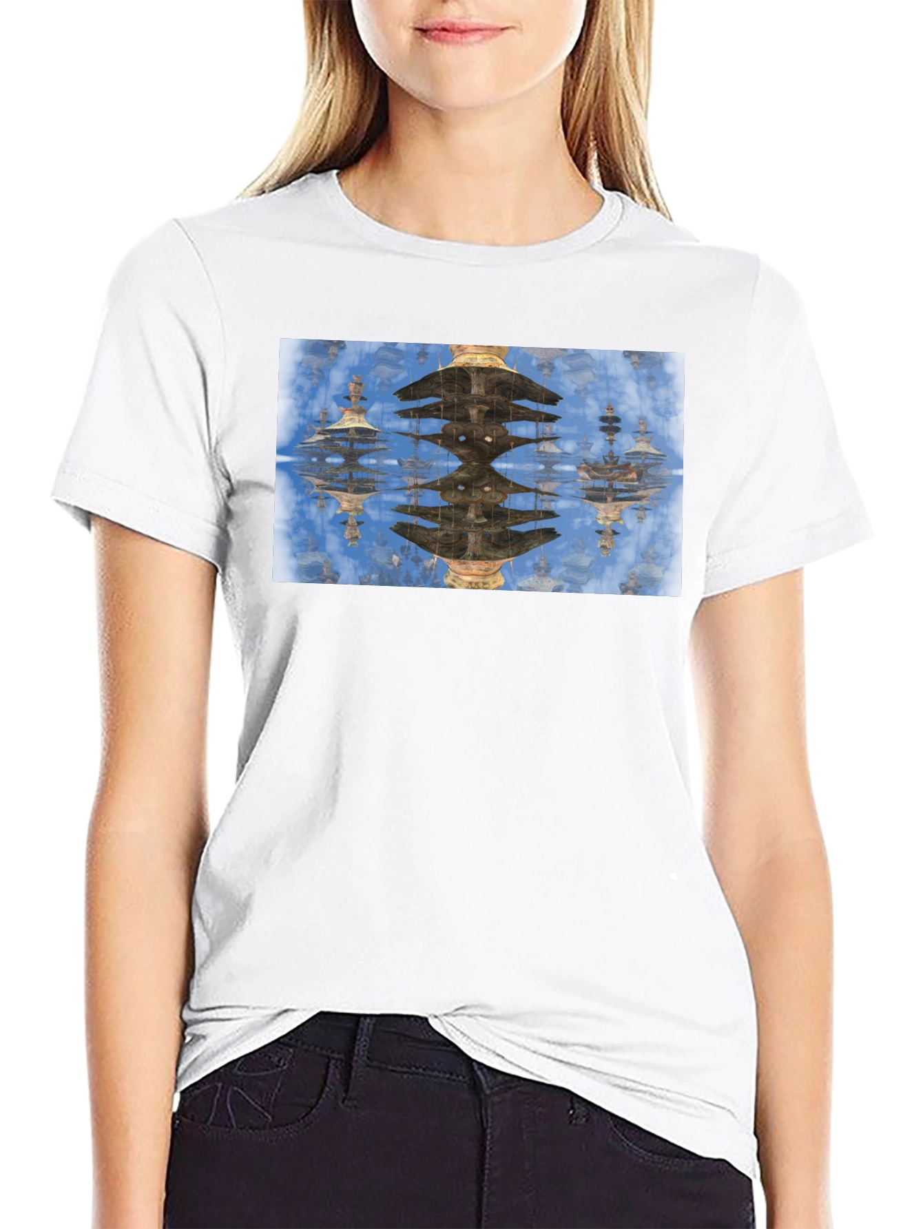 Reflective Pagoda Graphic Tee - Black Cotton Blend