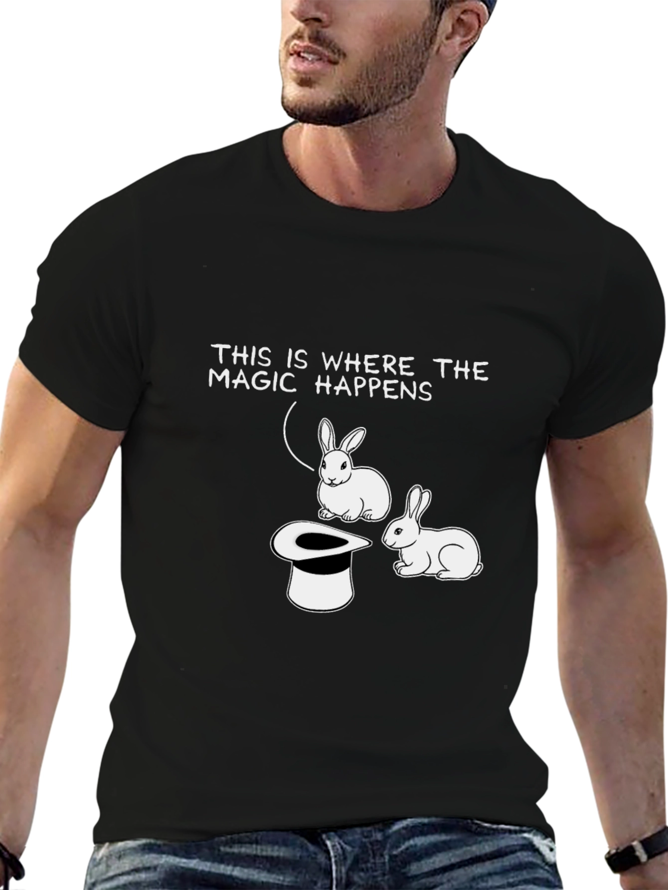 Magic Happens T-Shirt: Rabbit & Top Hat Design