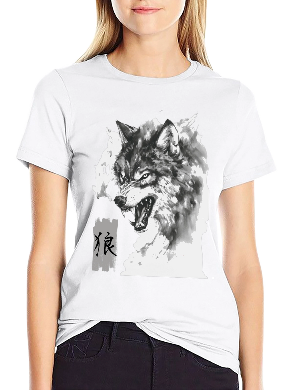 Wolf Graphic Print Tee - Black Cotton Blend