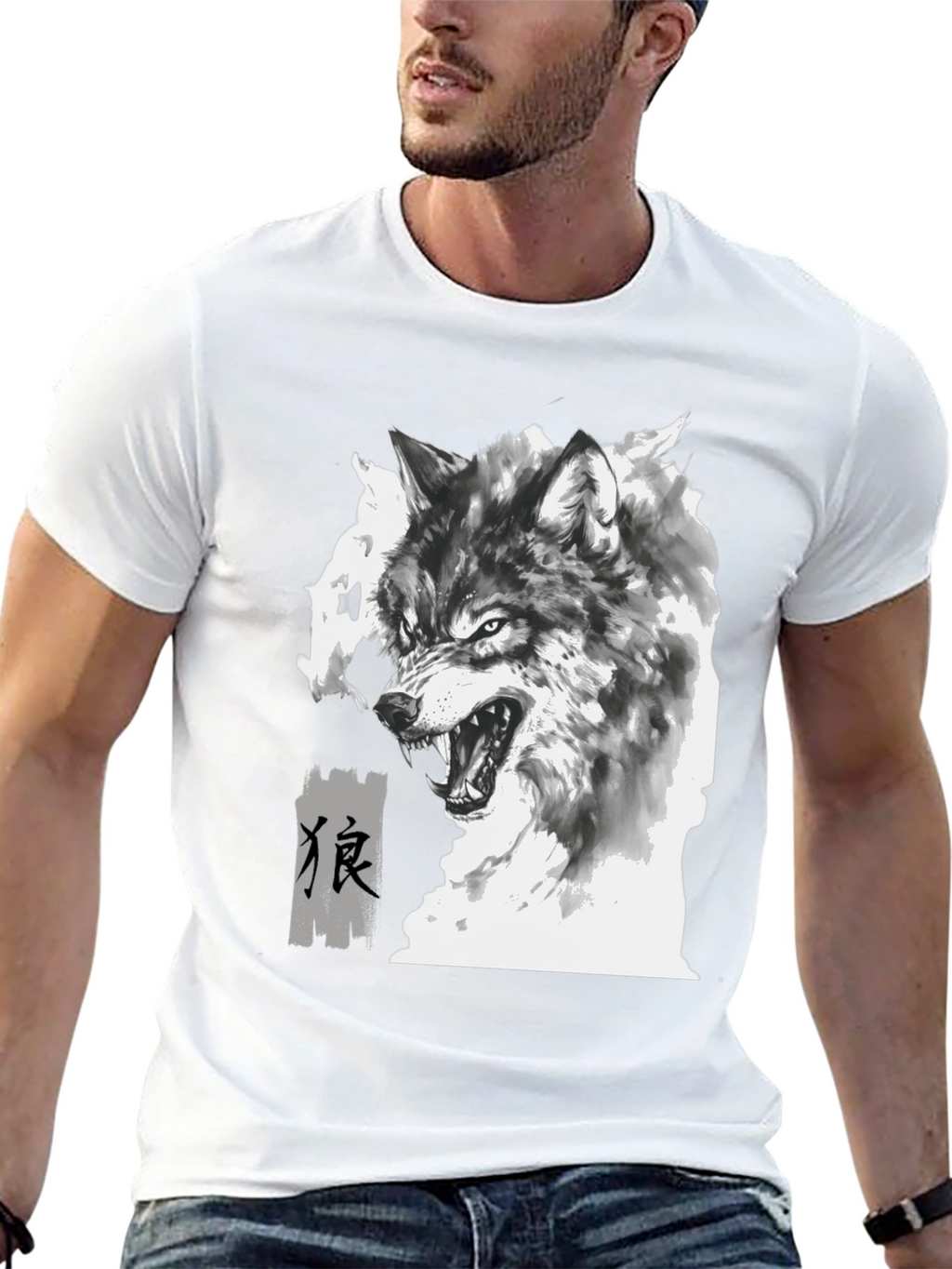 Wolf Graphic Print Tee - Black Cotton Blend