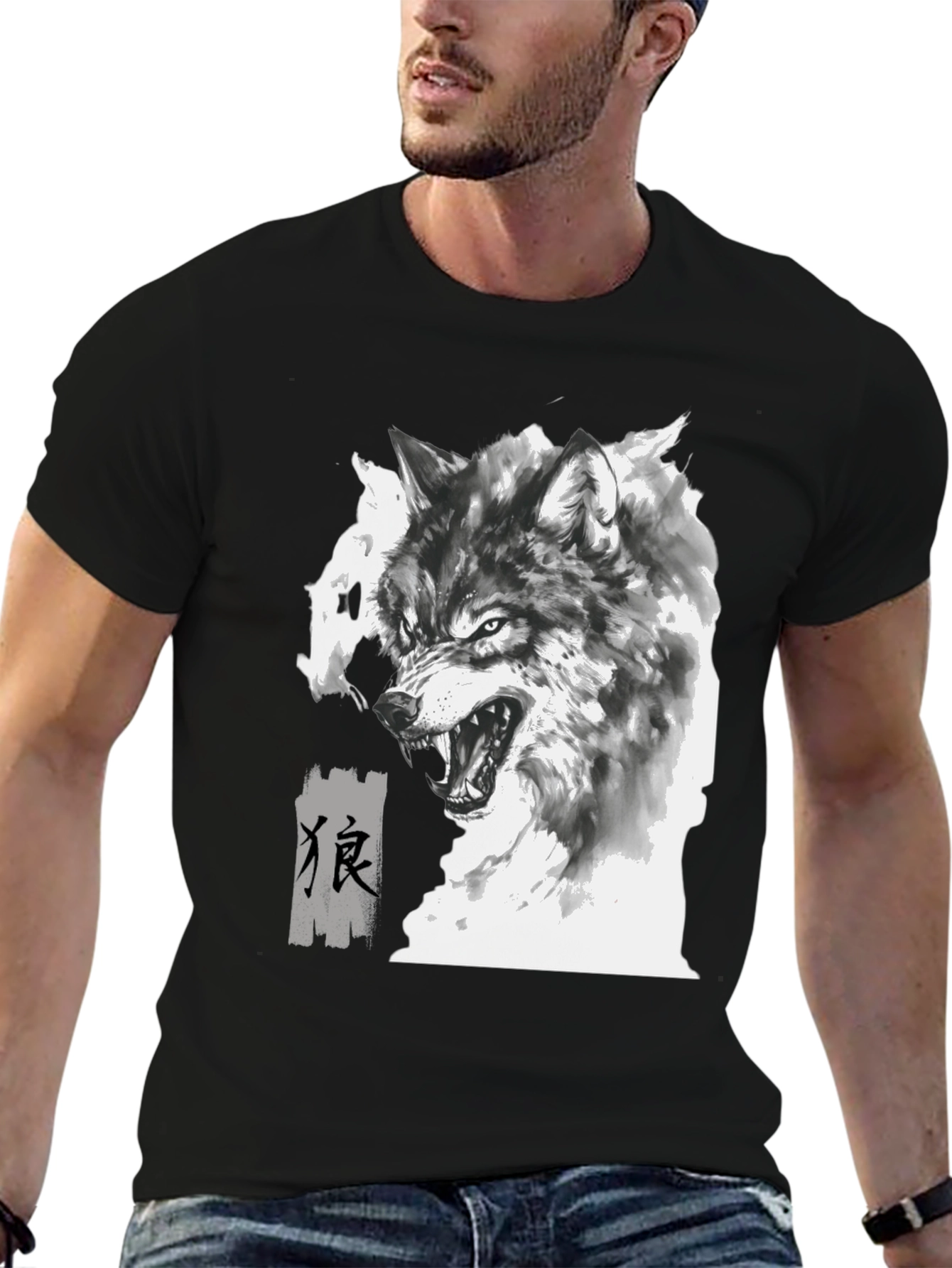 Wolf Graphic Print Tee - Black Cotton Blend