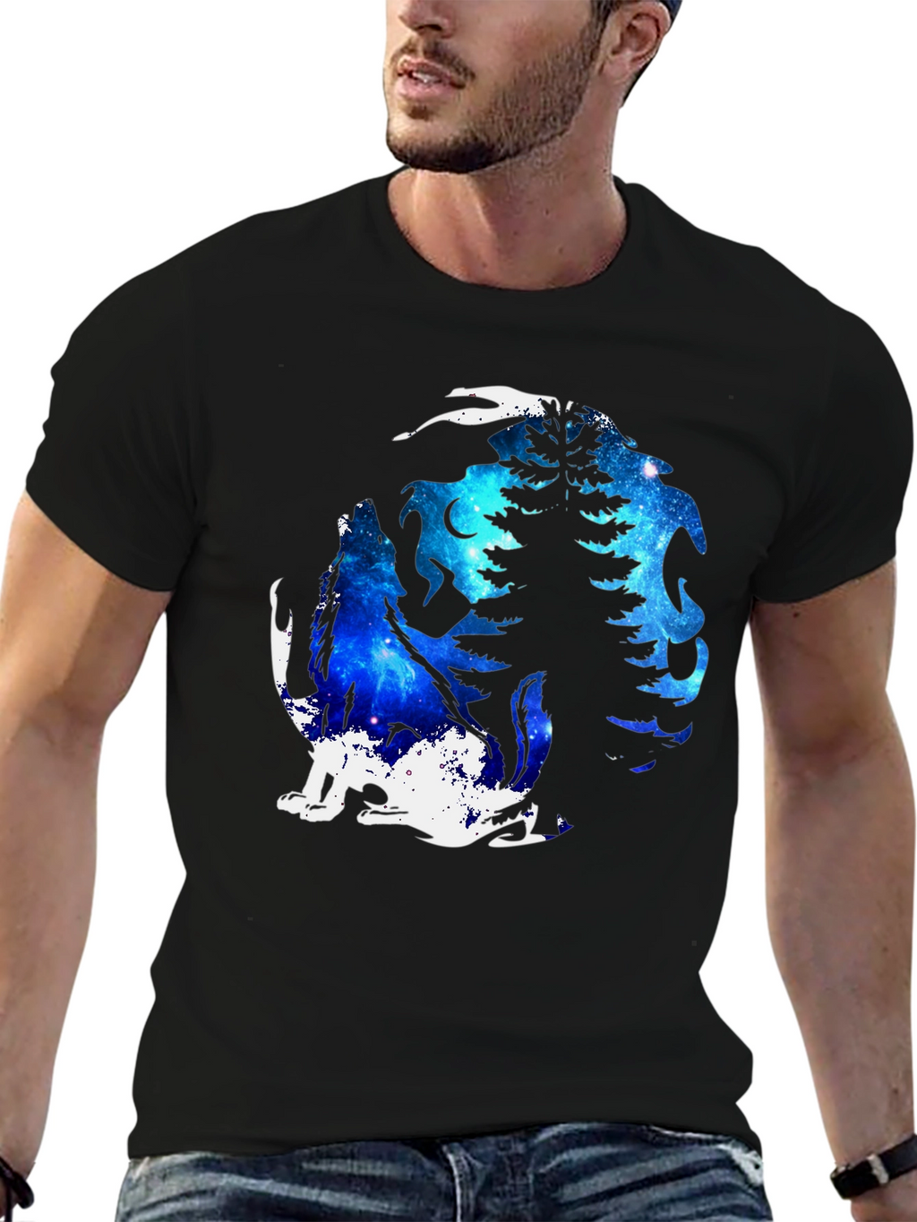 Galaxy Wolf Moon T-Shirt - Black Graphic Tee