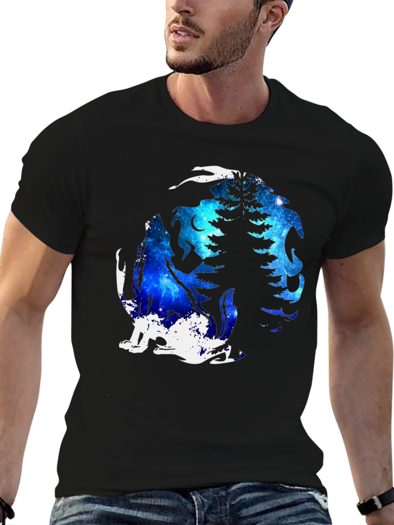 Galaxy Wolf Moon T-Shirt - Black Graphic Tee
