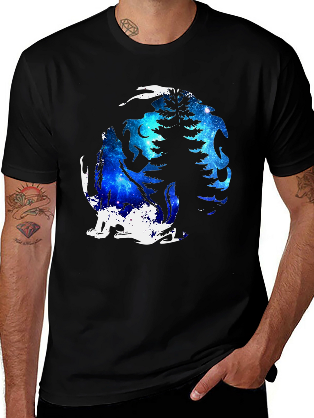 Galaxy Wolf Moon T-Shirt - Black Graphic Tee