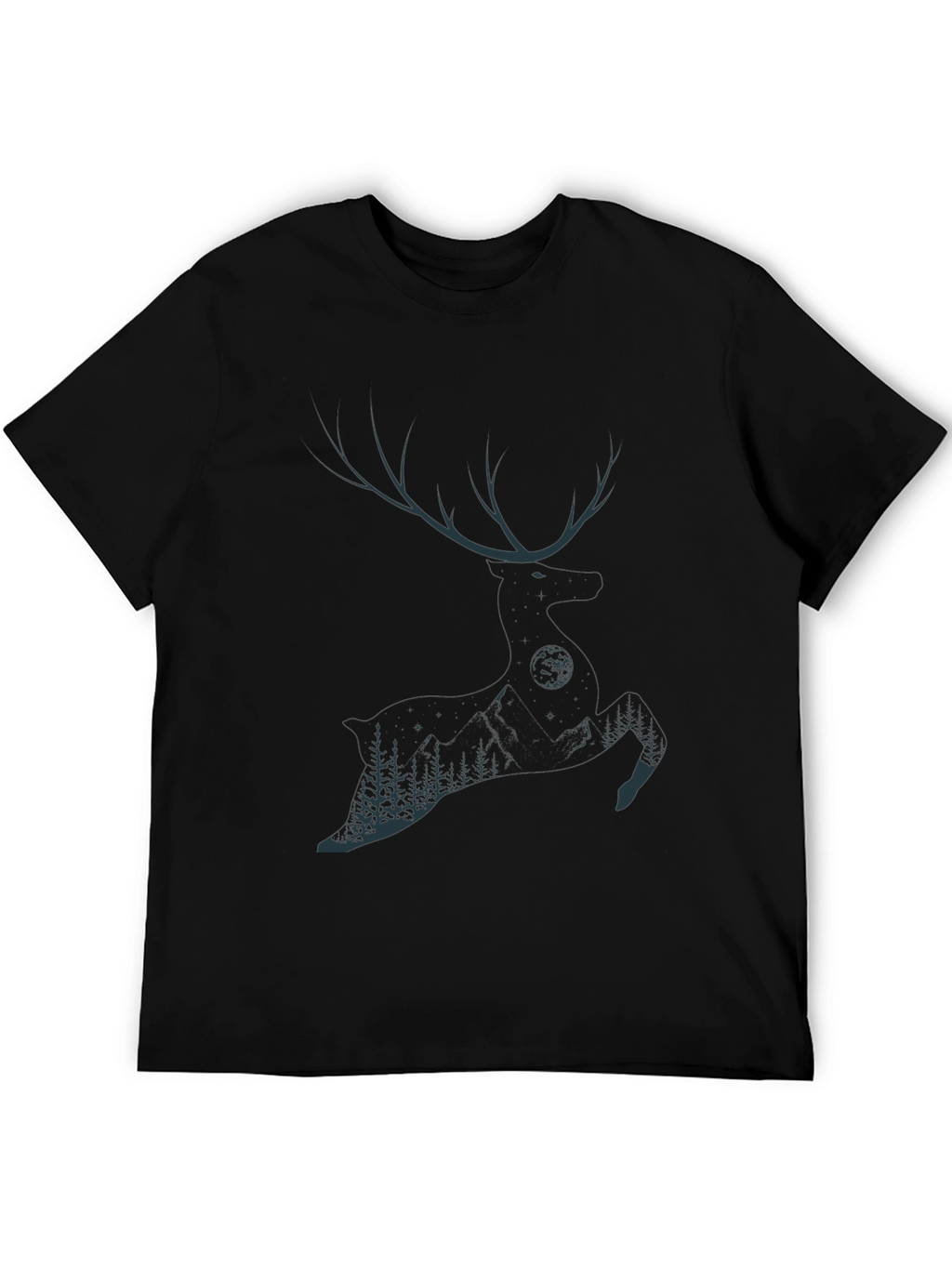 Mens Black T-Shirt with Deer & Forest Graphic